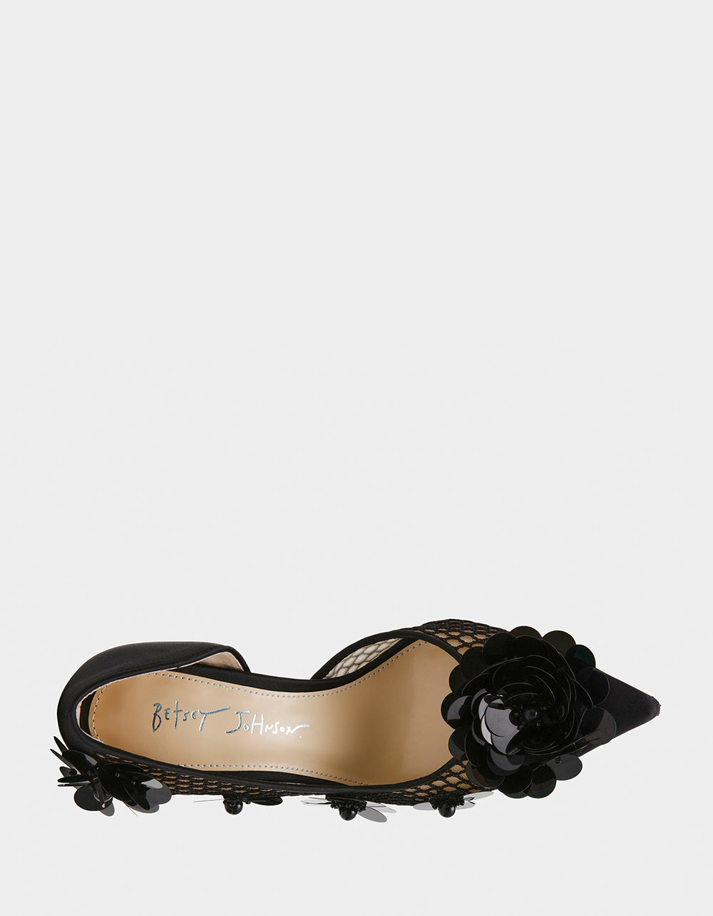 Betsey Johnson Nash Black Mesh Heels with Floral Embellishments