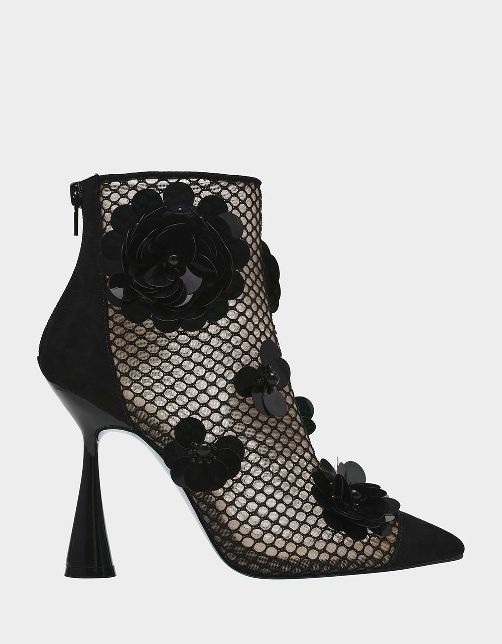 NAVEY Black Mesh Booties with Floral Embellishments - 4 Inch Heel