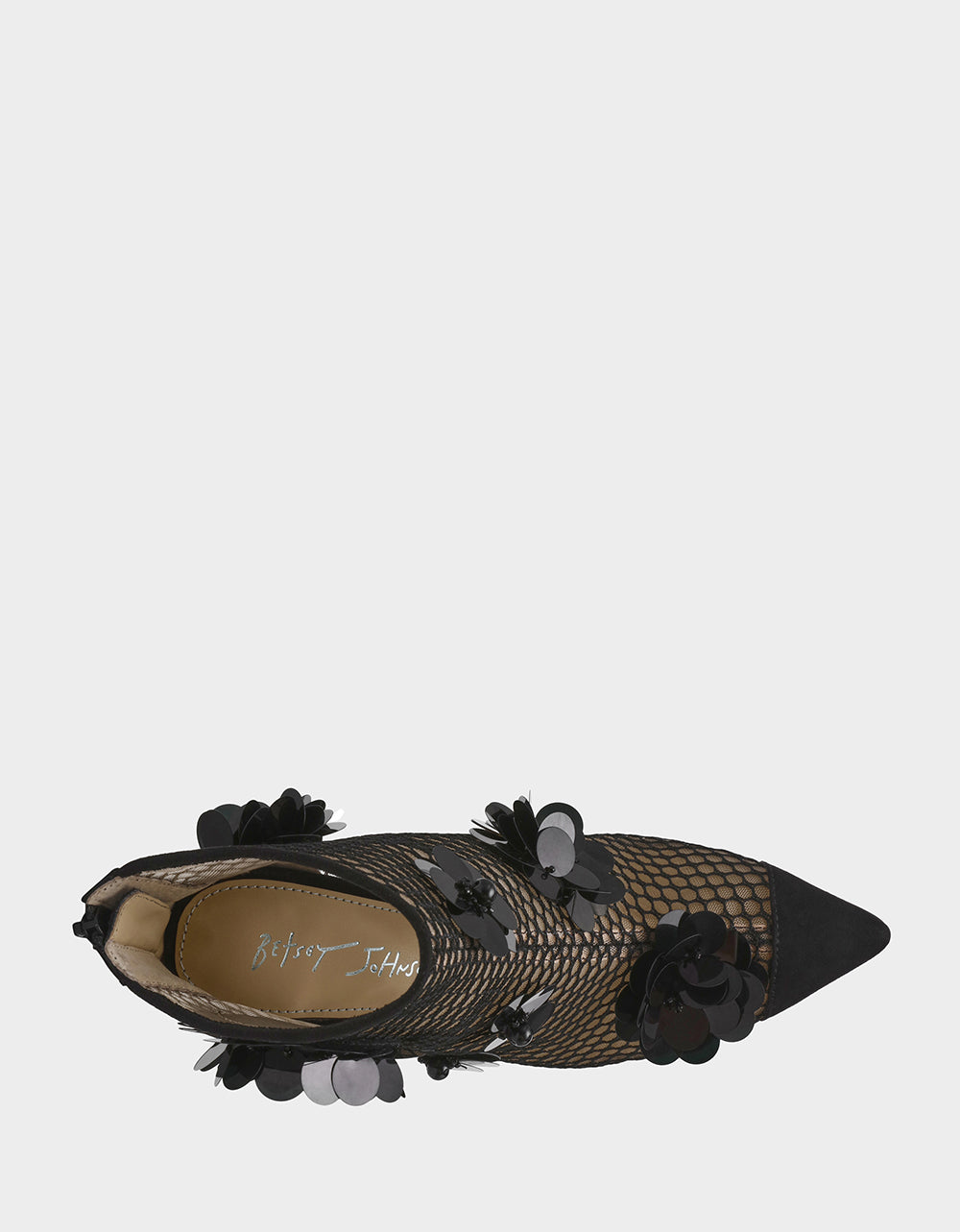 NAVEY Black Mesh Booties with Floral Embellishments - 4 Inch Heel