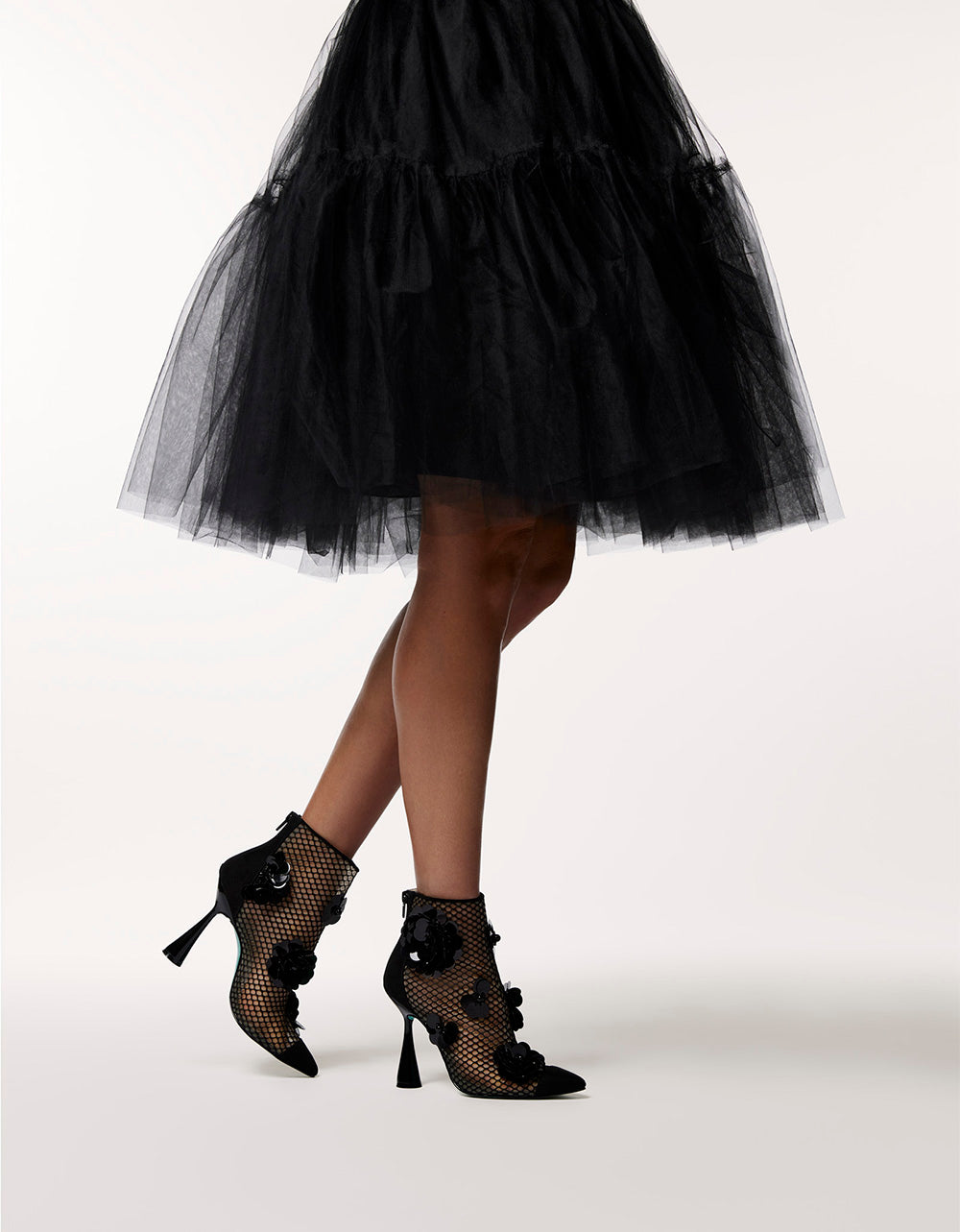 NAVEY Black Mesh Booties with Floral Embellishments - 4 Inch Heel