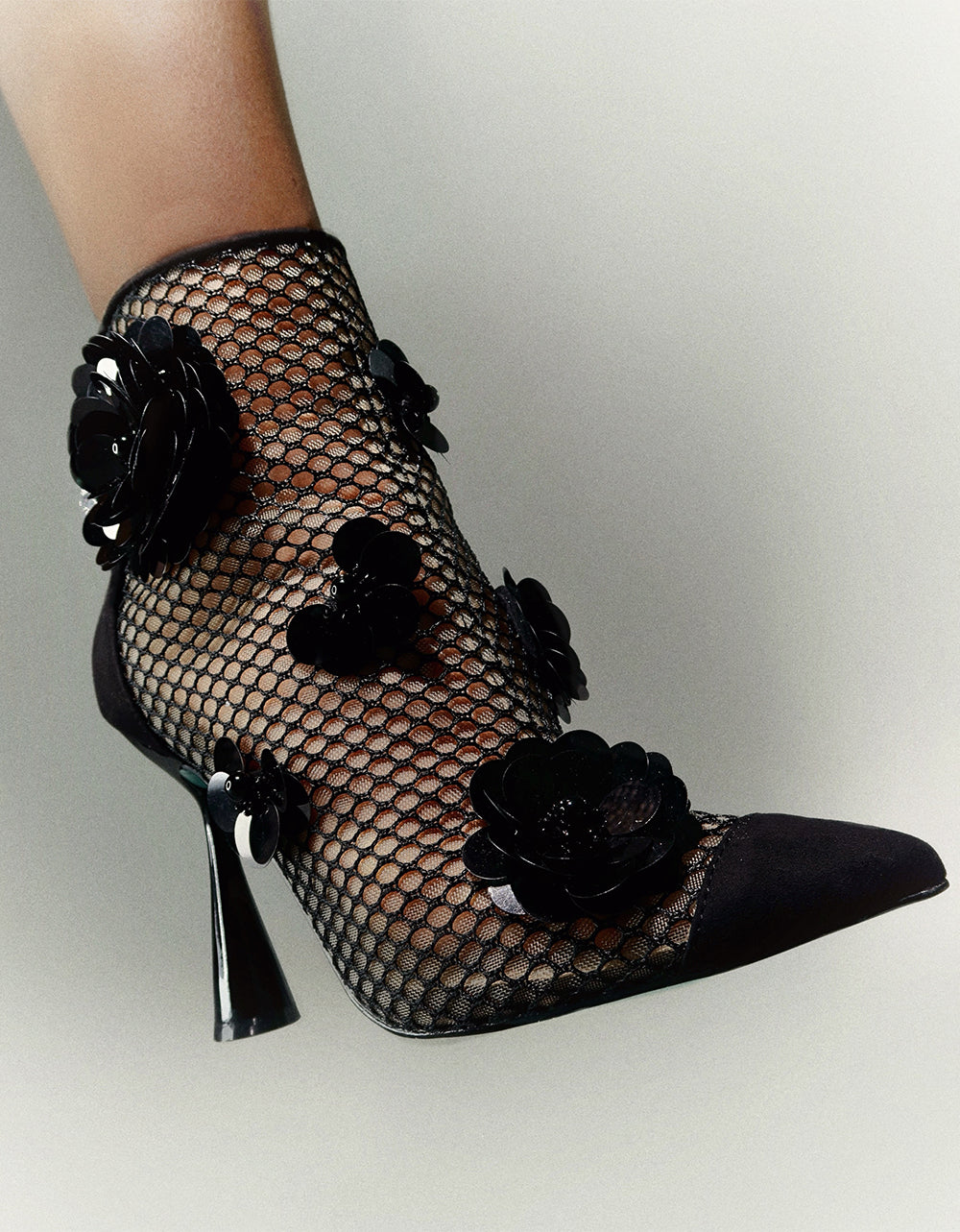 NAVEY Black Mesh Booties with Floral Embellishments - 4 Inch Heel