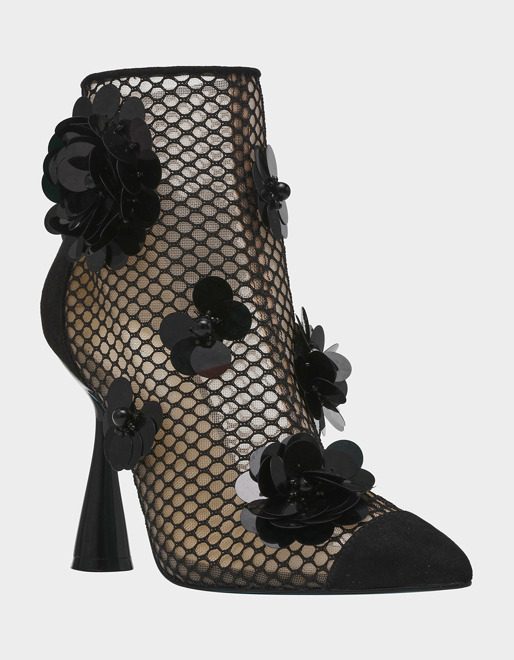 NAVEY Black Mesh Booties with Floral Embellishments - 4 Inch Heel