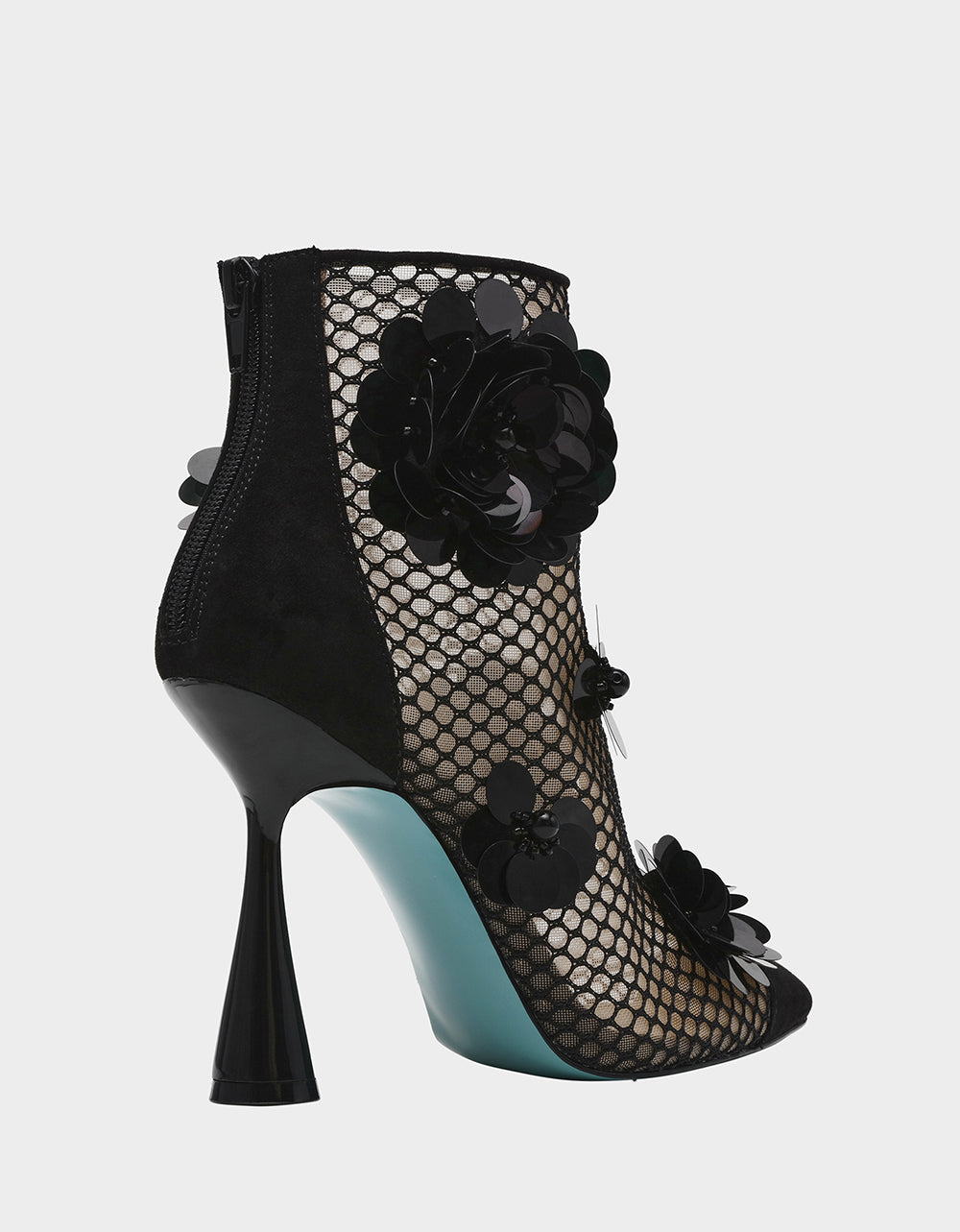 NAVEY Black Mesh Booties with Floral Embellishments - 4 Inch Heel