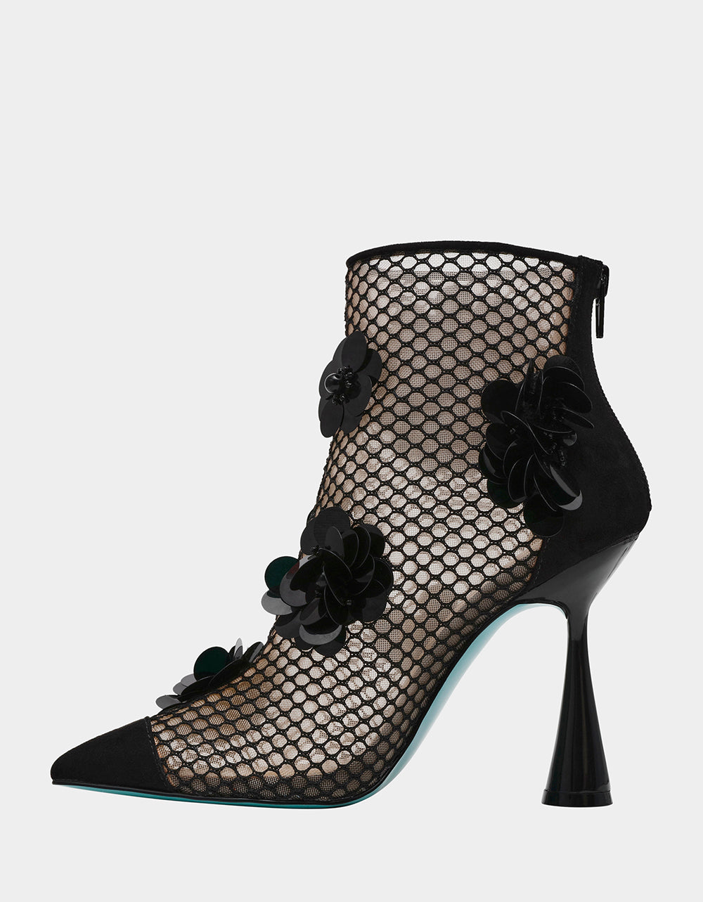 NAVEY Black Mesh Booties with Floral Embellishments - 4 Inch Heel