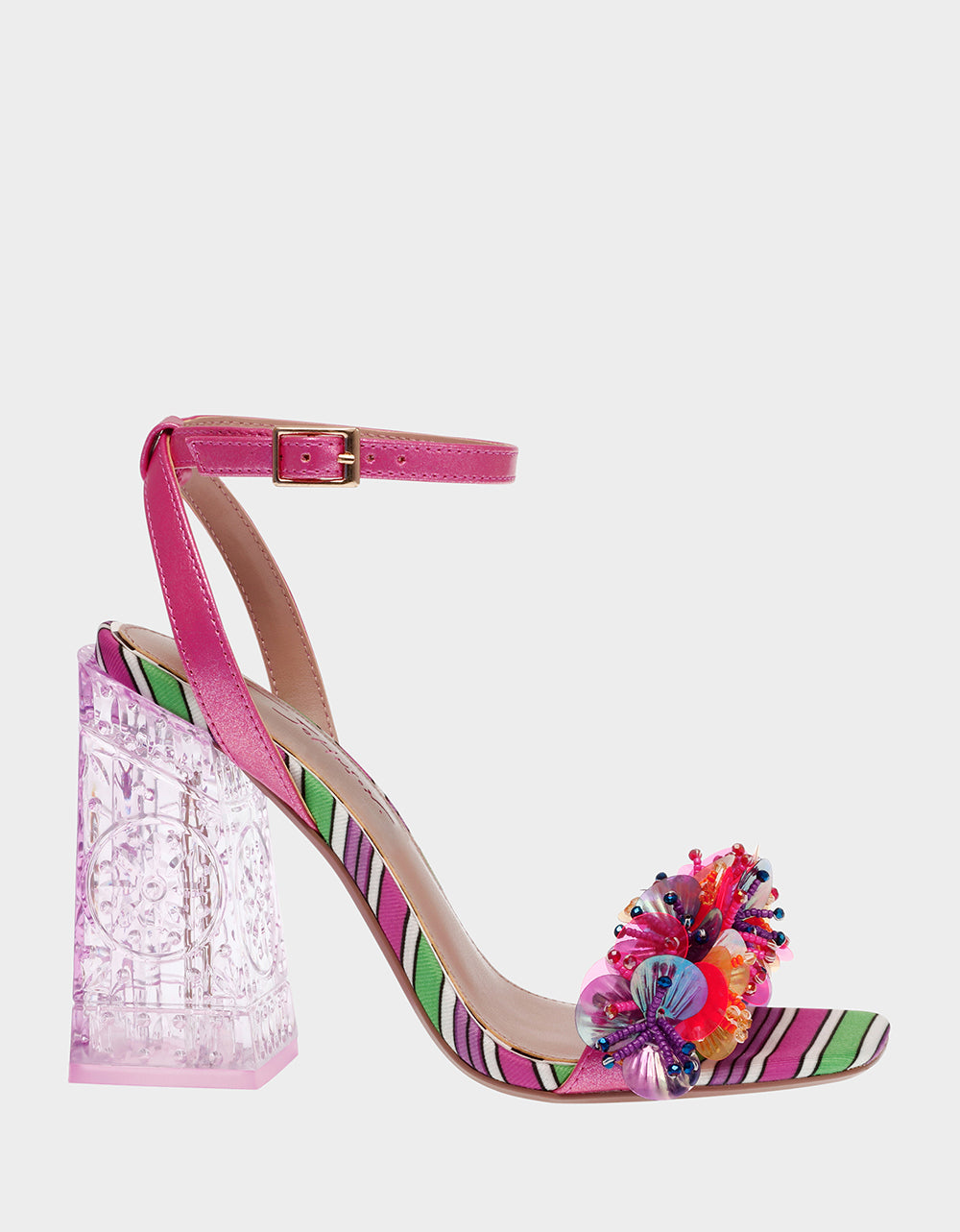 Betsey Johnson QUINTA Pink Beaded Heels with Lucite Block Heel