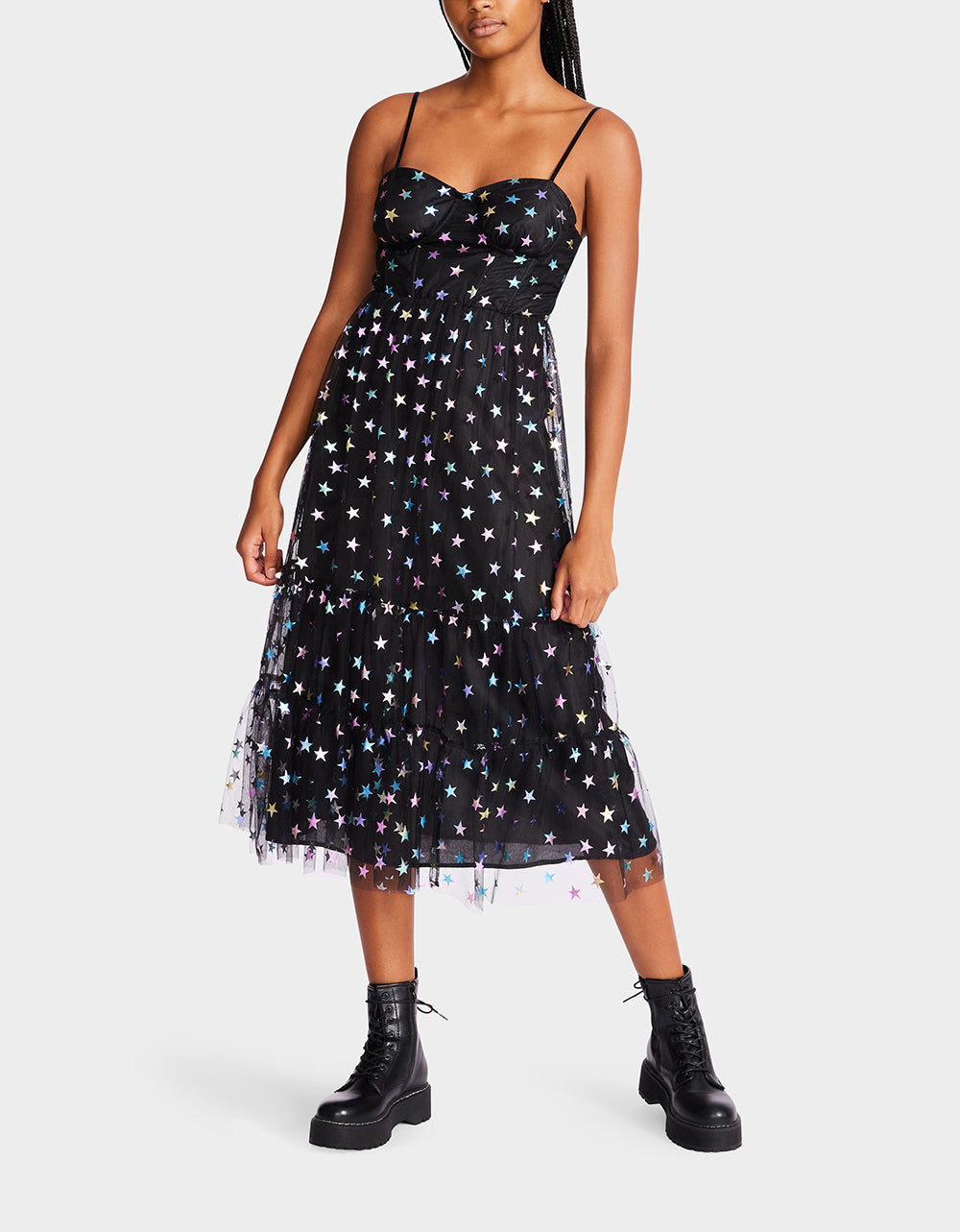 Black Rainbow Star Mesh Midi Dress with Sweetheart Neckline