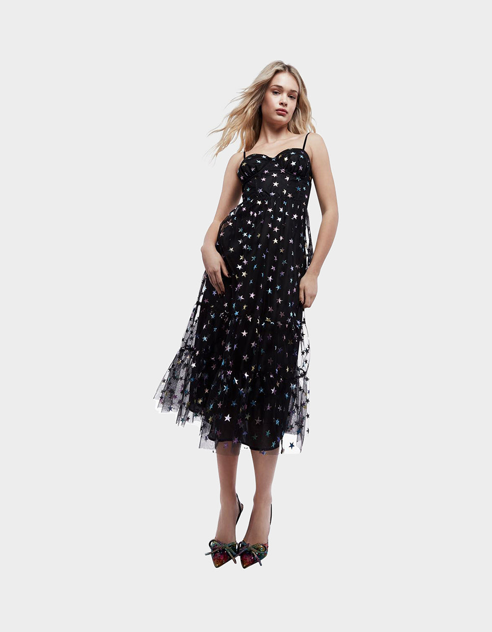 Black Rainbow Star Mesh Midi Dress with Sweetheart Neckline