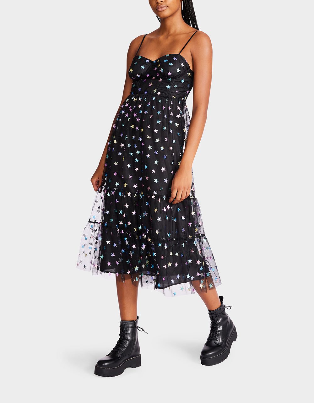 Black Rainbow Star Mesh Midi Dress with Sweetheart Neckline