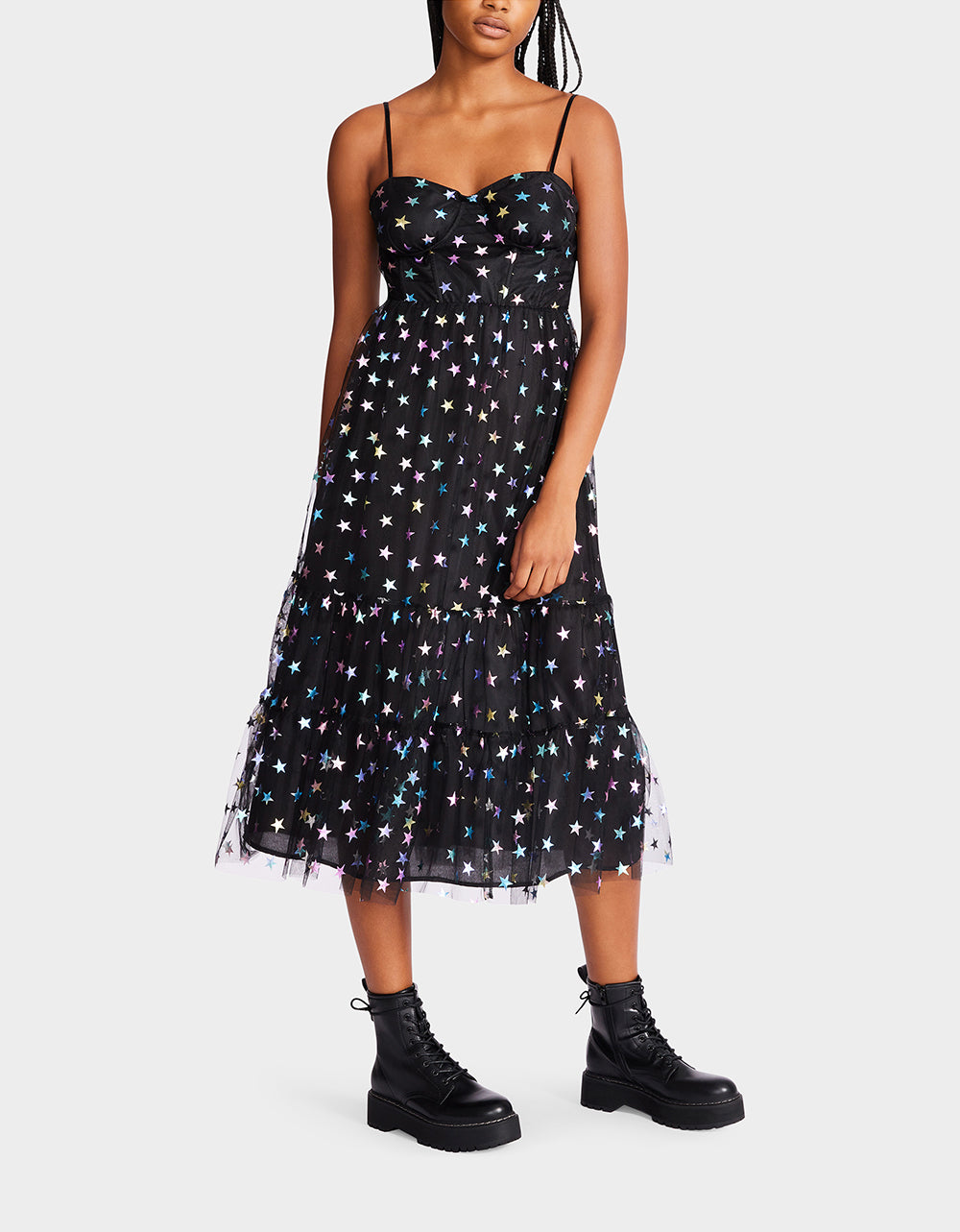 Black Rainbow Star Mesh Midi Dress with Sweetheart Neckline