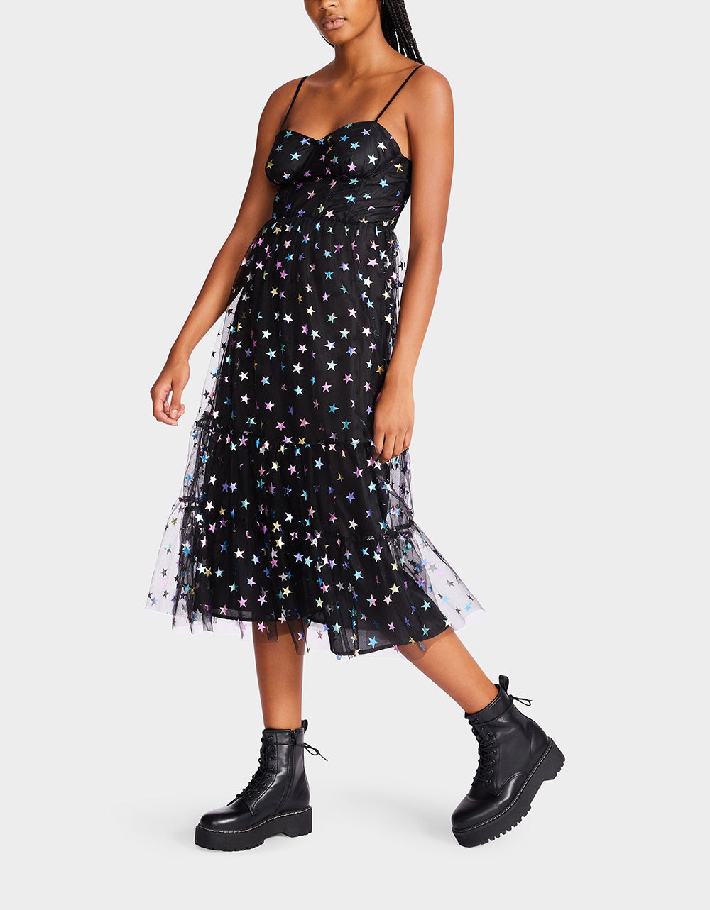 Black Rainbow Star Mesh Midi Dress with Sweetheart Neckline