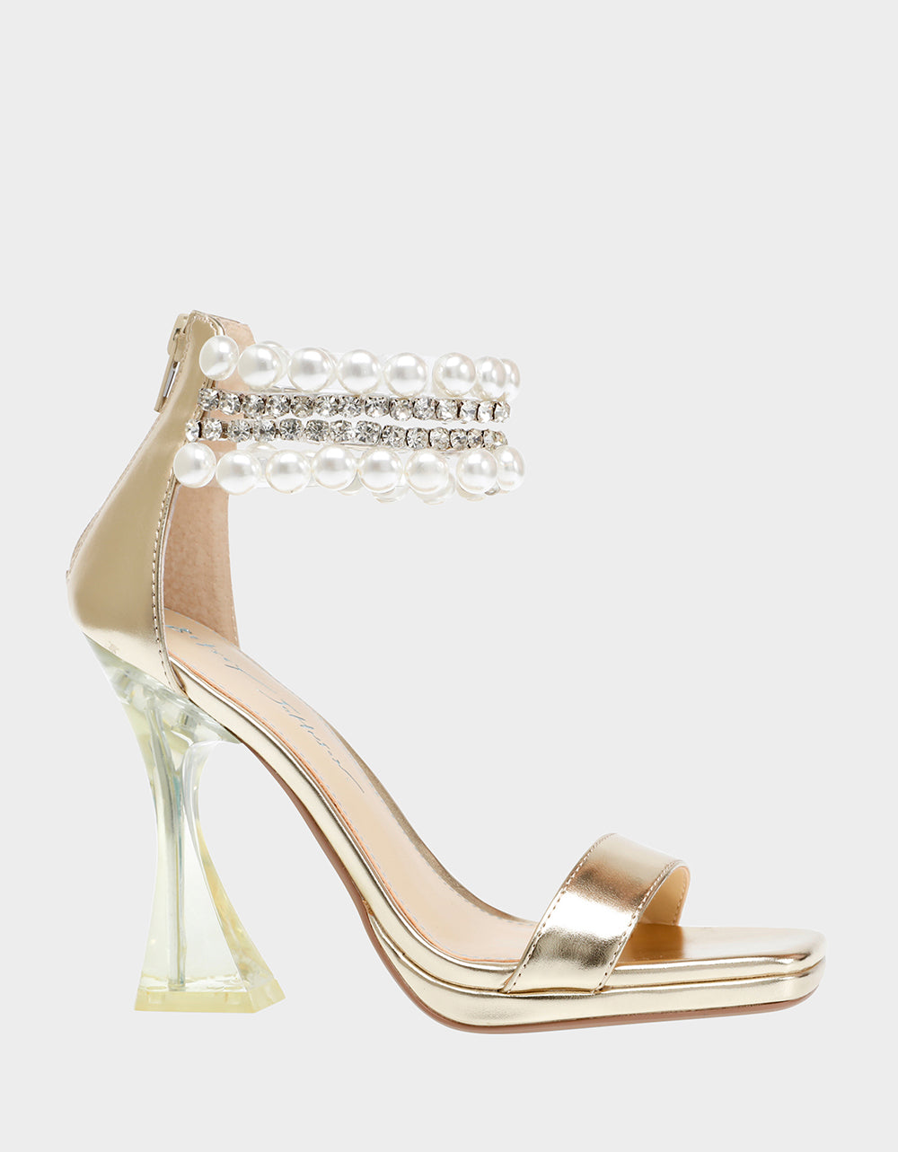 RE:LUV Rider Gold Clear Heel Rhinestone Strap Sandals