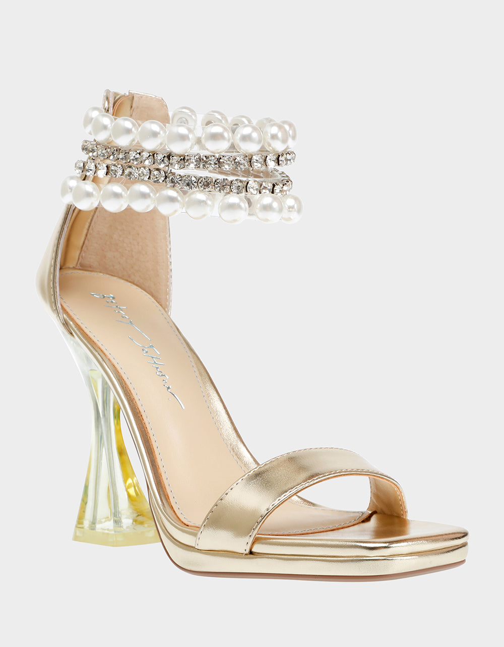 RE:LUV Rider Gold Clear Heel Rhinestone Strap Sandals