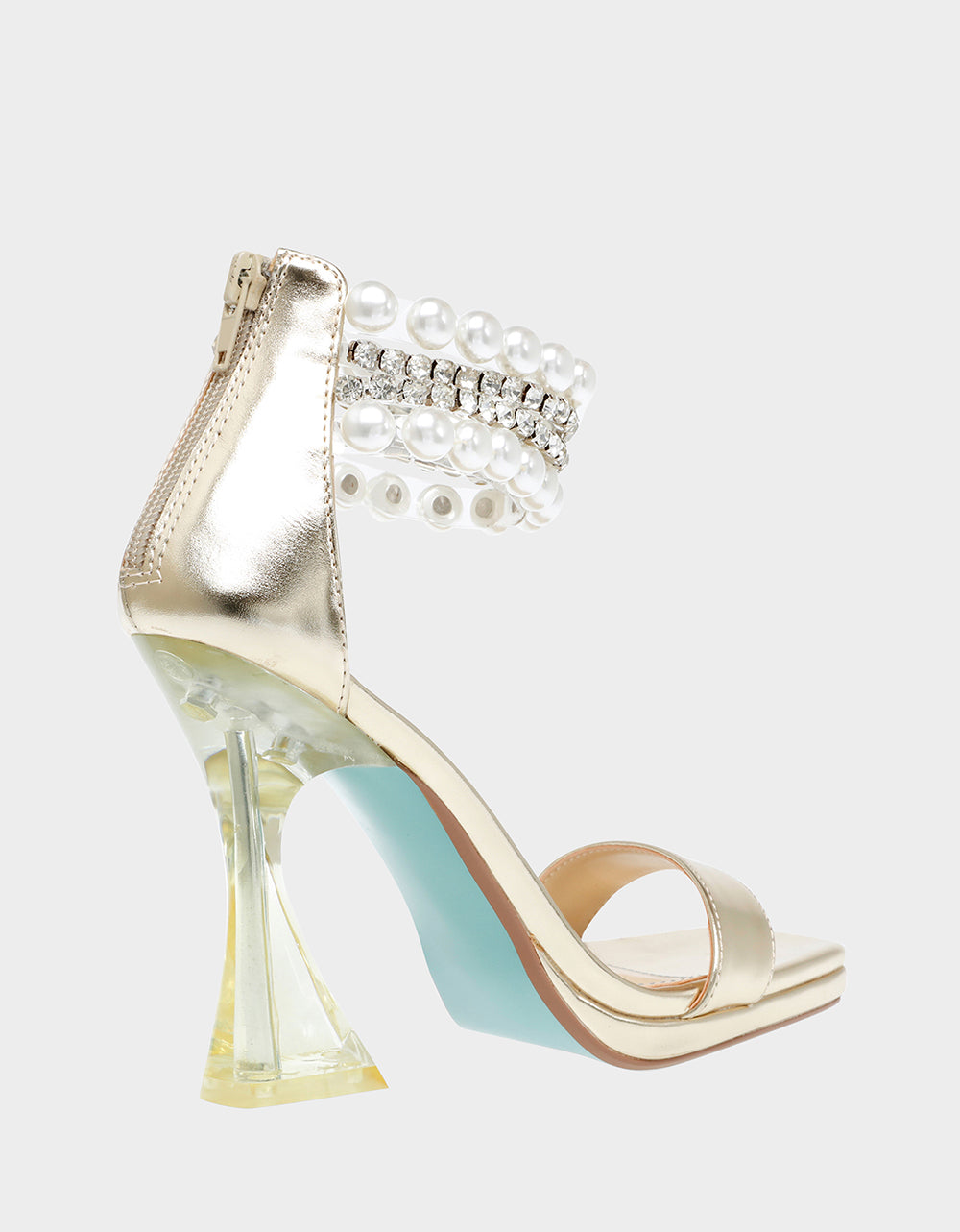 RE:LUV Rider Gold Clear Heel Rhinestone Strap Sandals