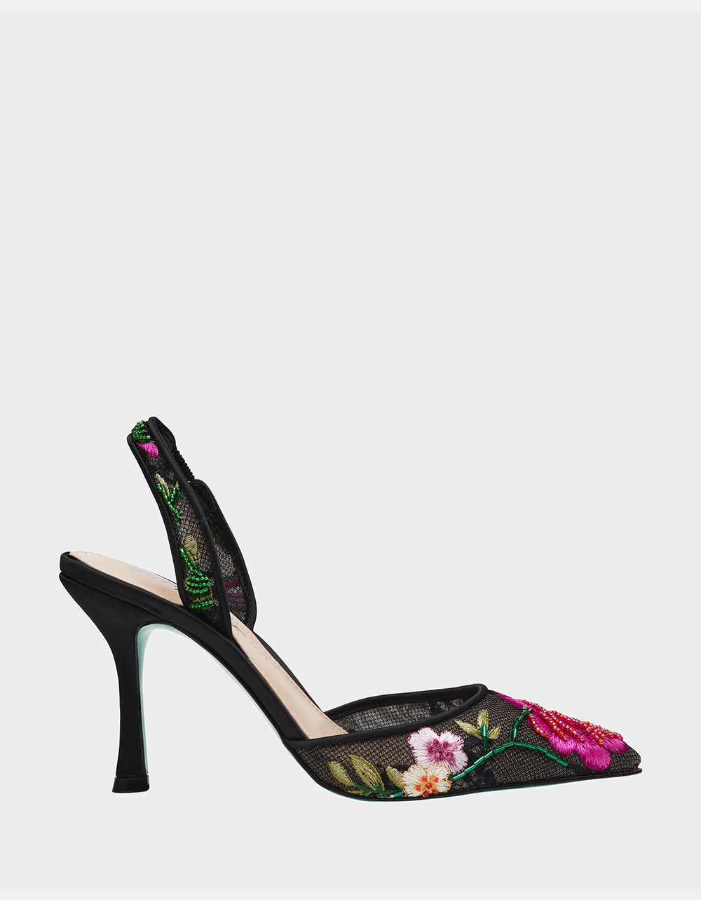 Betsey Johnson April Black Multi Floral Slingback Heels 3.5 Inch