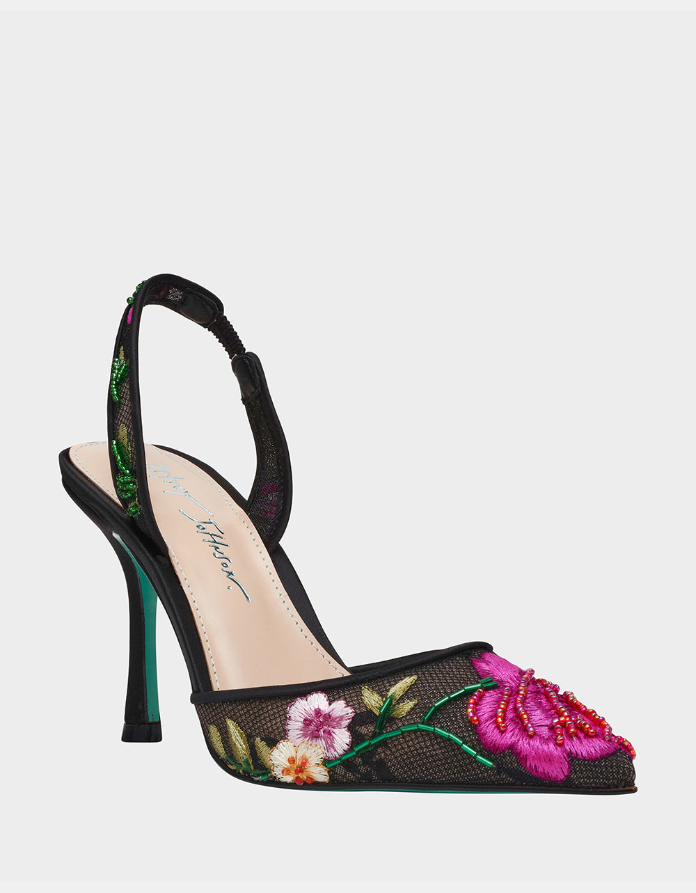 Betsey Johnson April Black Multi Floral Slingback Heels 3.5 Inch