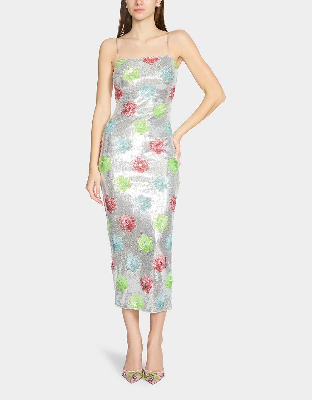 Silver Sequin Maxi Dress with Multi-Colored Floral Design - Betsey Johnson