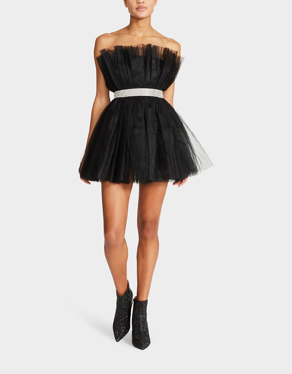 Black Tulle Mini Dress with Rhinestone Belt - Showstopper Style