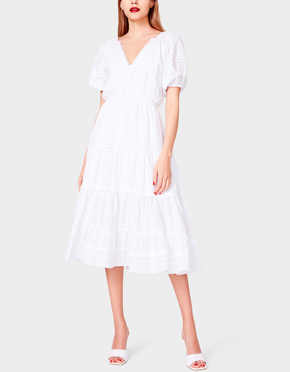 White Puff Sleeve Midi Dress with Crochet Neckline | RE:LUV