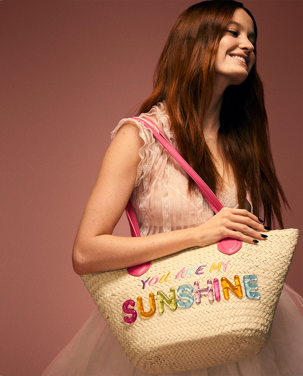 Sunshine Tote Bag - Woven Straw Shoulder Bag with Colorful Lettering