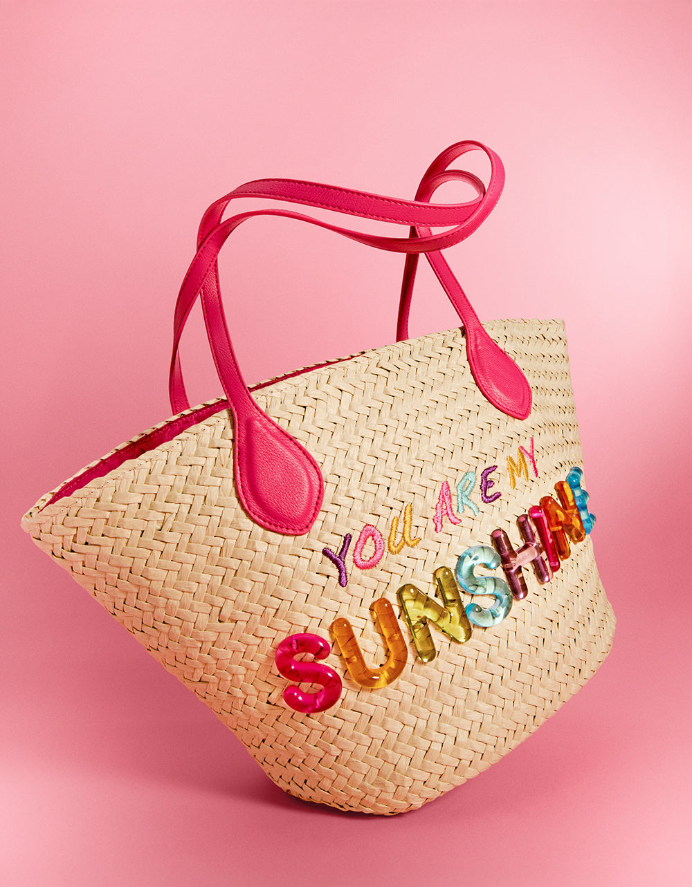 Sunshine Tote Bag - Woven Straw Shoulder Bag with Colorful Lettering