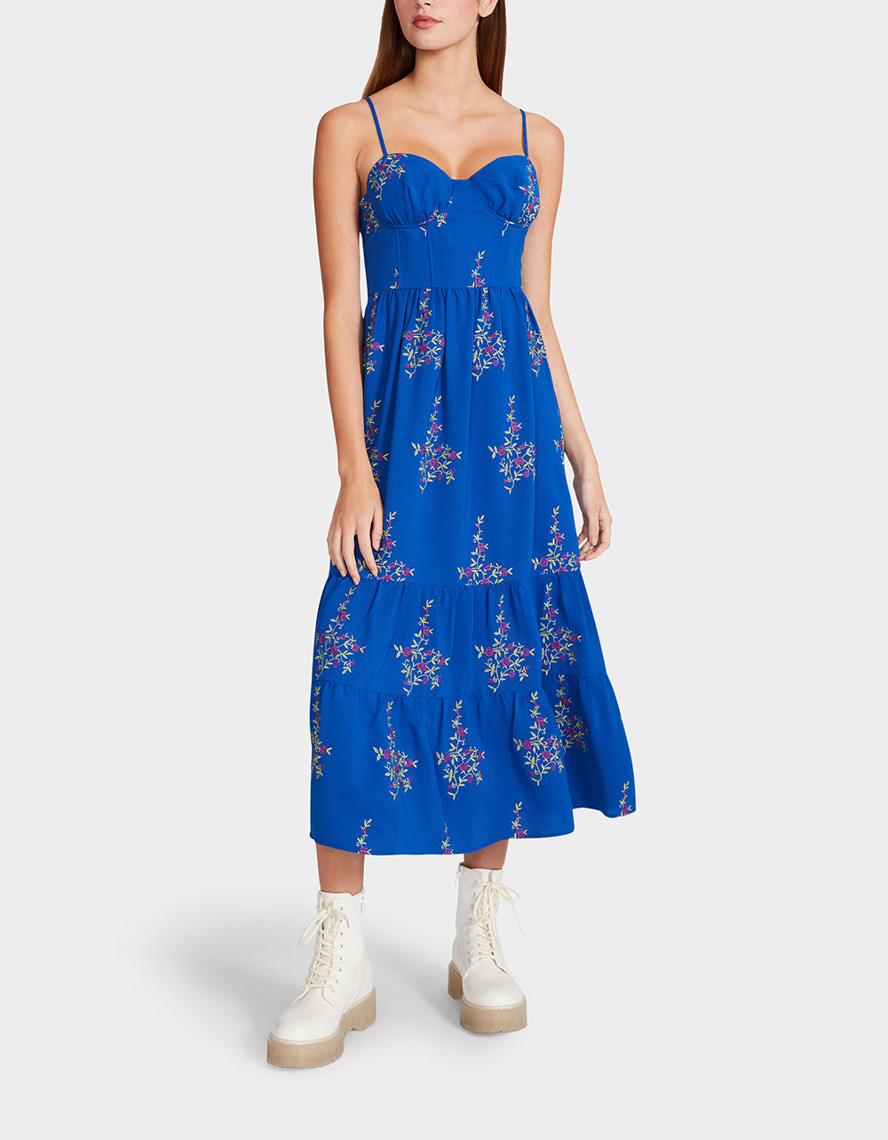 Vintage Blue Floral Bustier Midi Dress by RE:LUV - Polyester