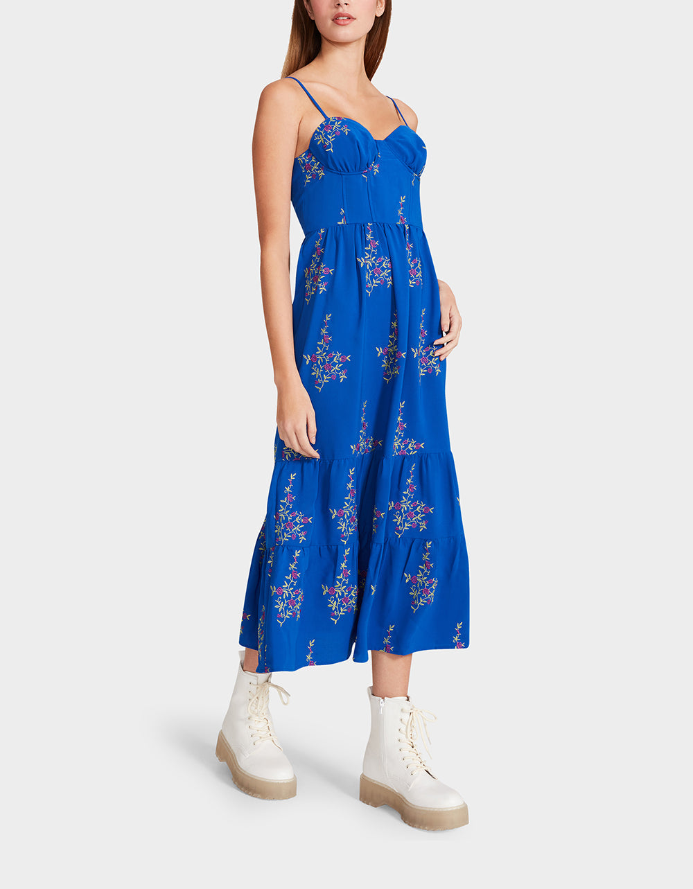 Vintage Blue Floral Bustier Midi Dress by RE:LUV - Polyester
