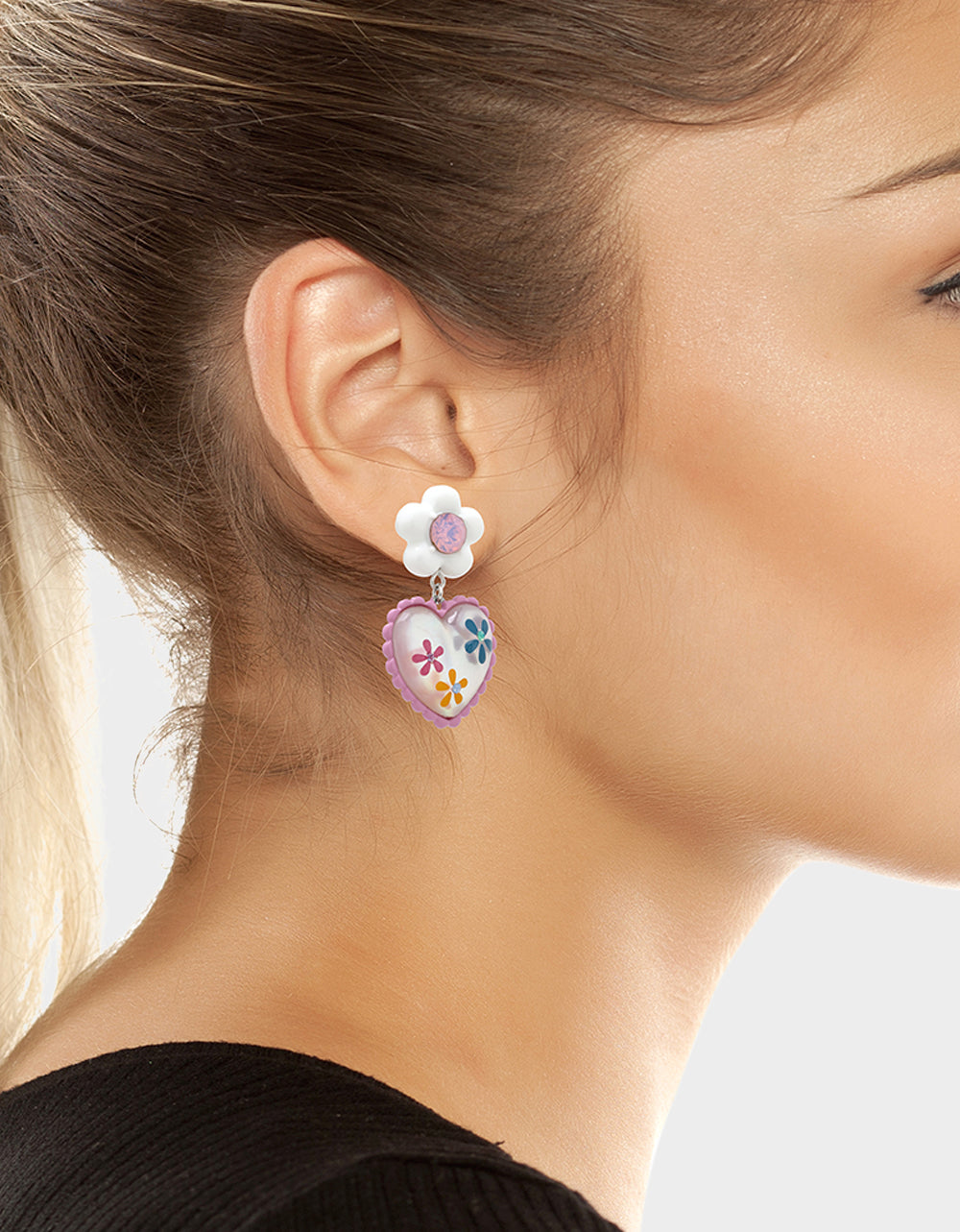 Betsey Johnson Floral Heart Drop Earrings with Daisy Studs