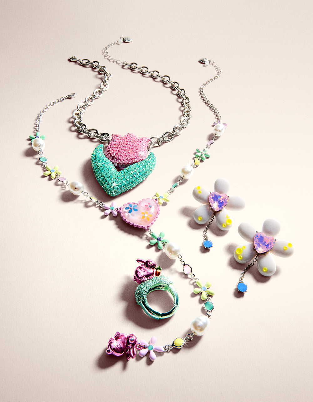 Betsey Johnson Bunny Flower Pearl Y-Necklace with Lobster Clasp