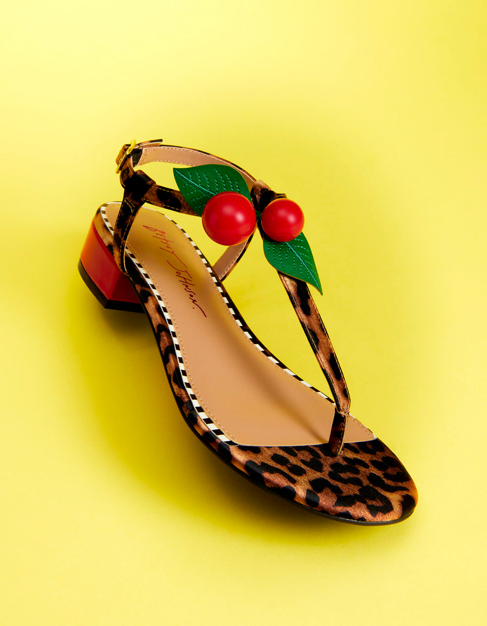 Betsey Johnson ASBURY Leopard Print Block Heel Sandal with Cherry Embellishments