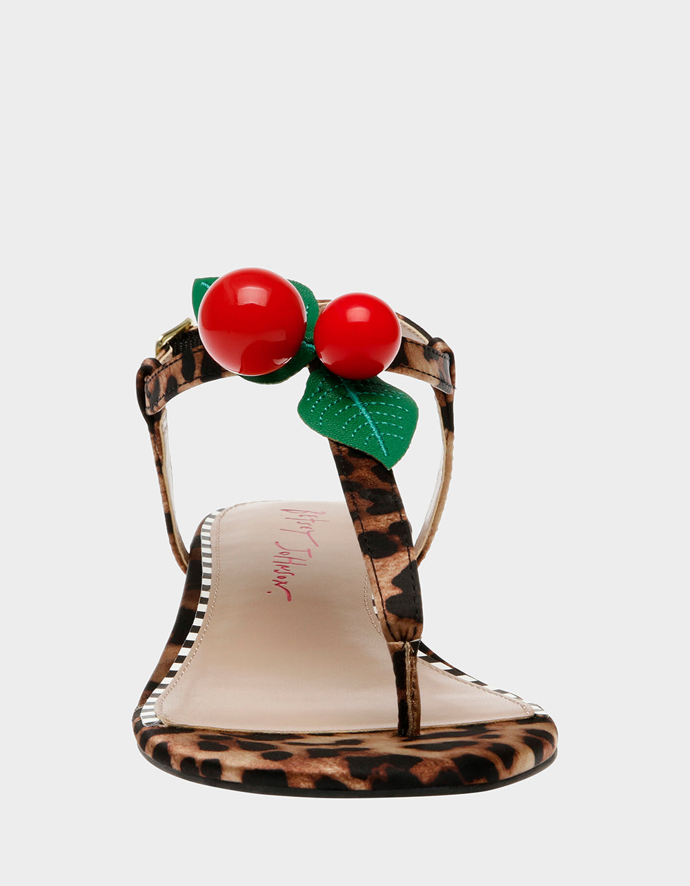 Betsey Johnson ASBURY Leopard Print Block Heel Sandal with Cherry Embellishments