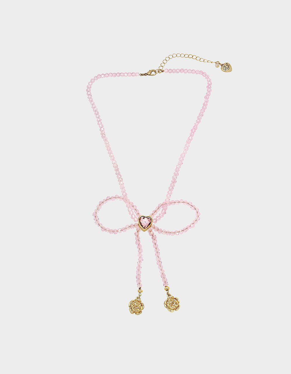 Pink Crystal Heart Bow Necklace with Rose Charms - Adjustable Gold Chain