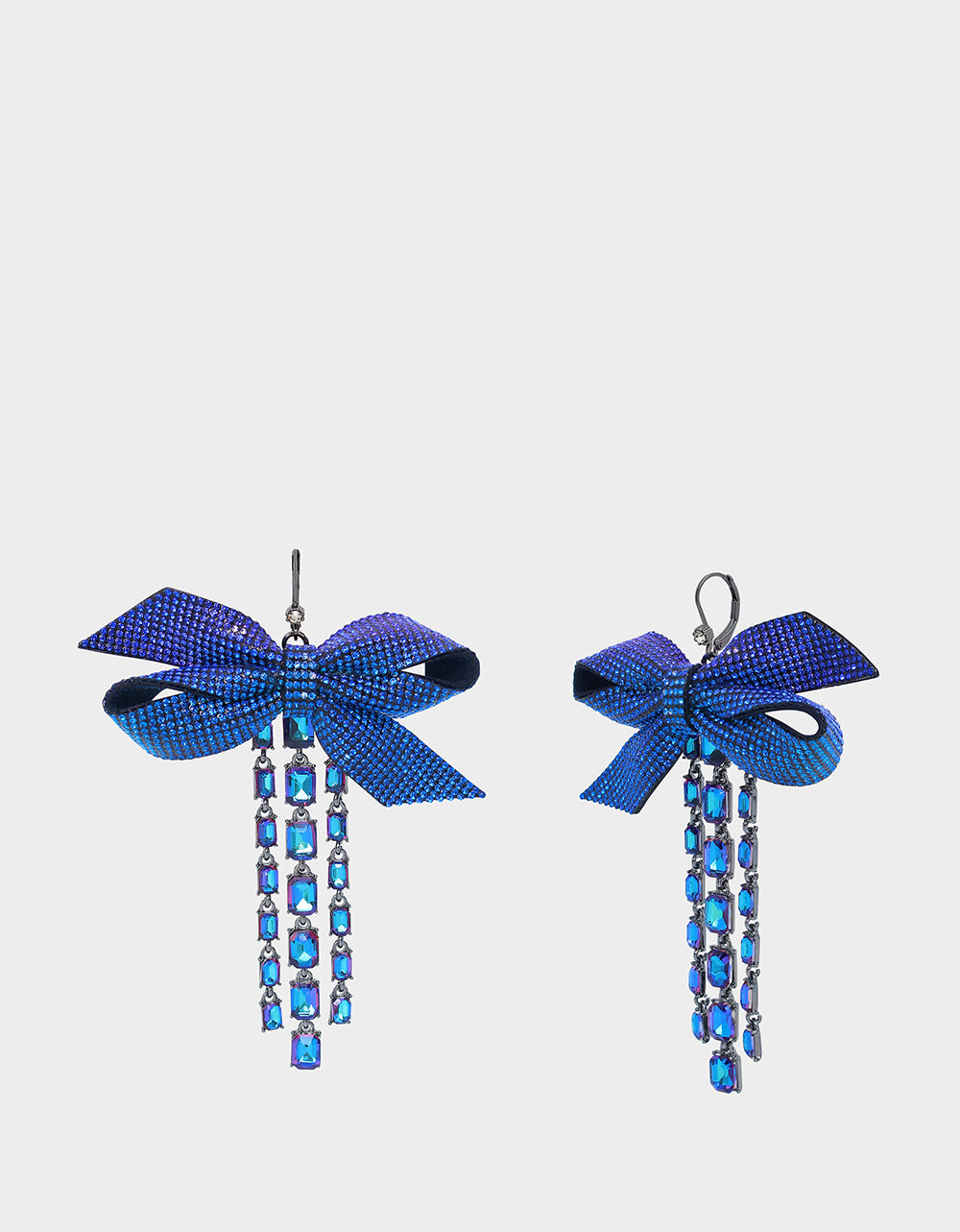 Blue Bow Drop Earrings with Pavé Stones & Emerald Fringe