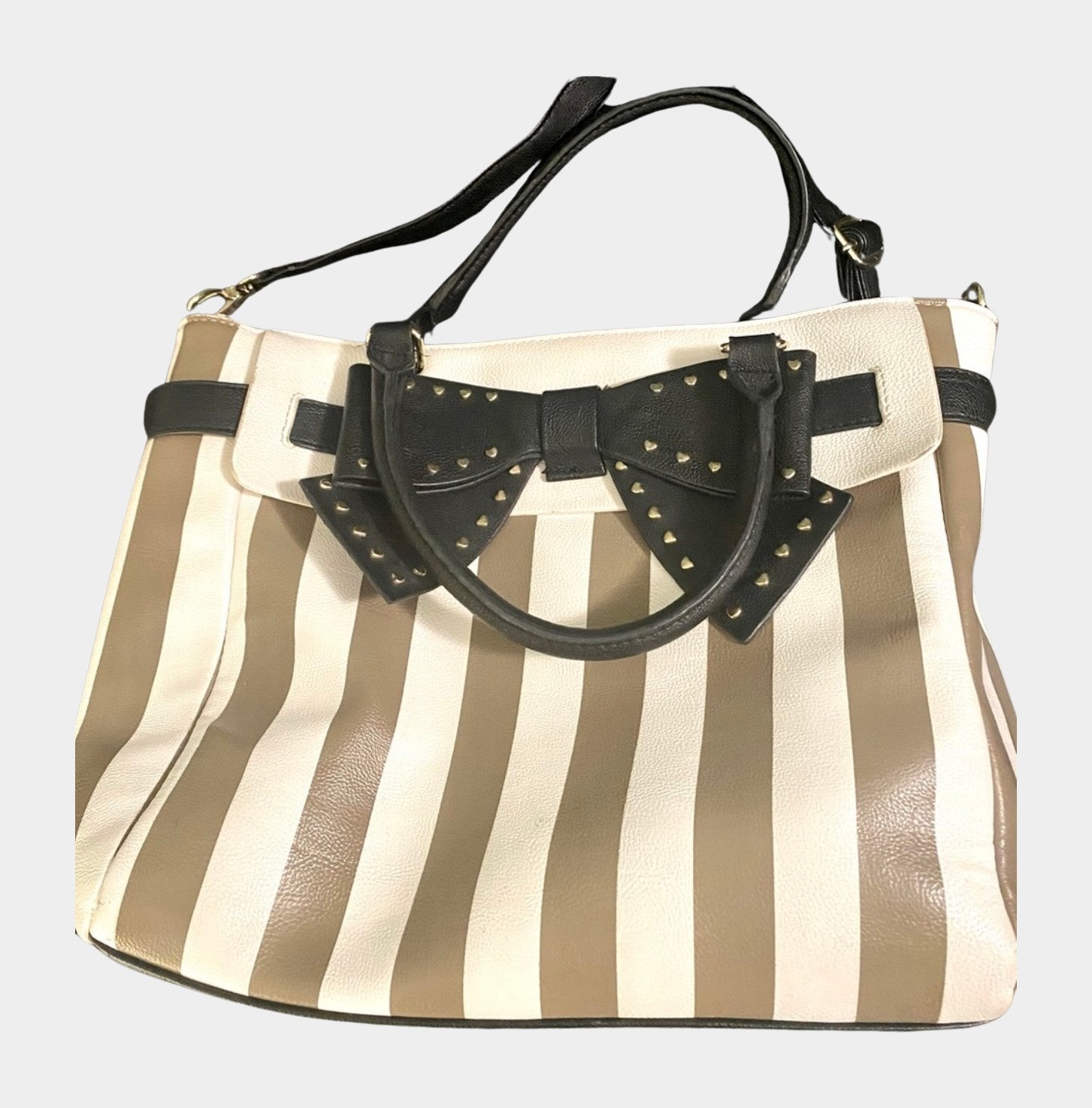 Betsey Striped Crossbody Tote Bag with Belted Bow & Detachable Strap
