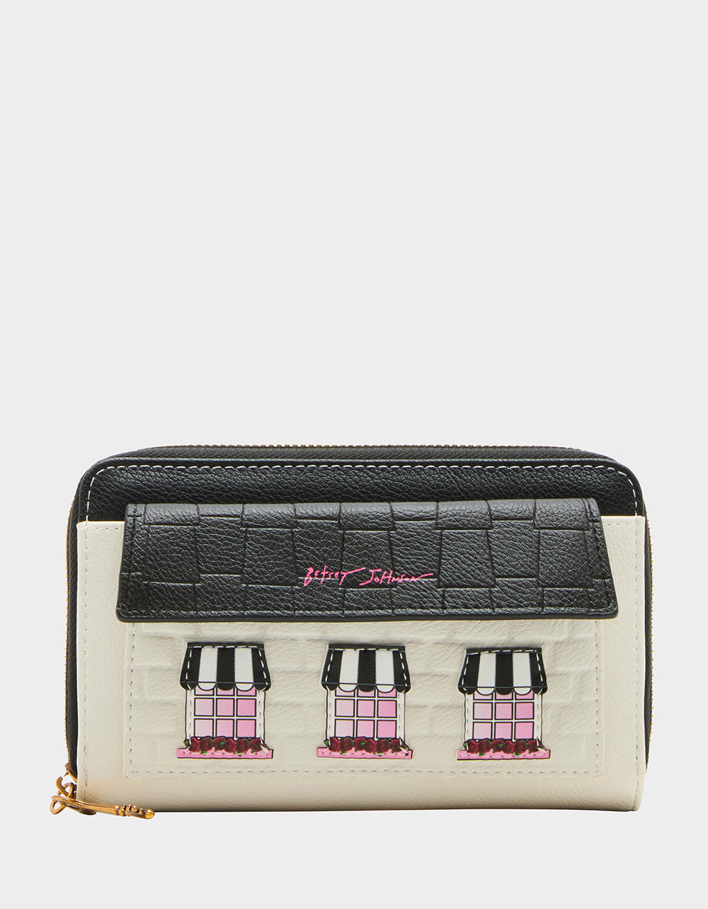 Betsey Johnson Black & White Wallet with 10 Card Slots & Zippered Compartment