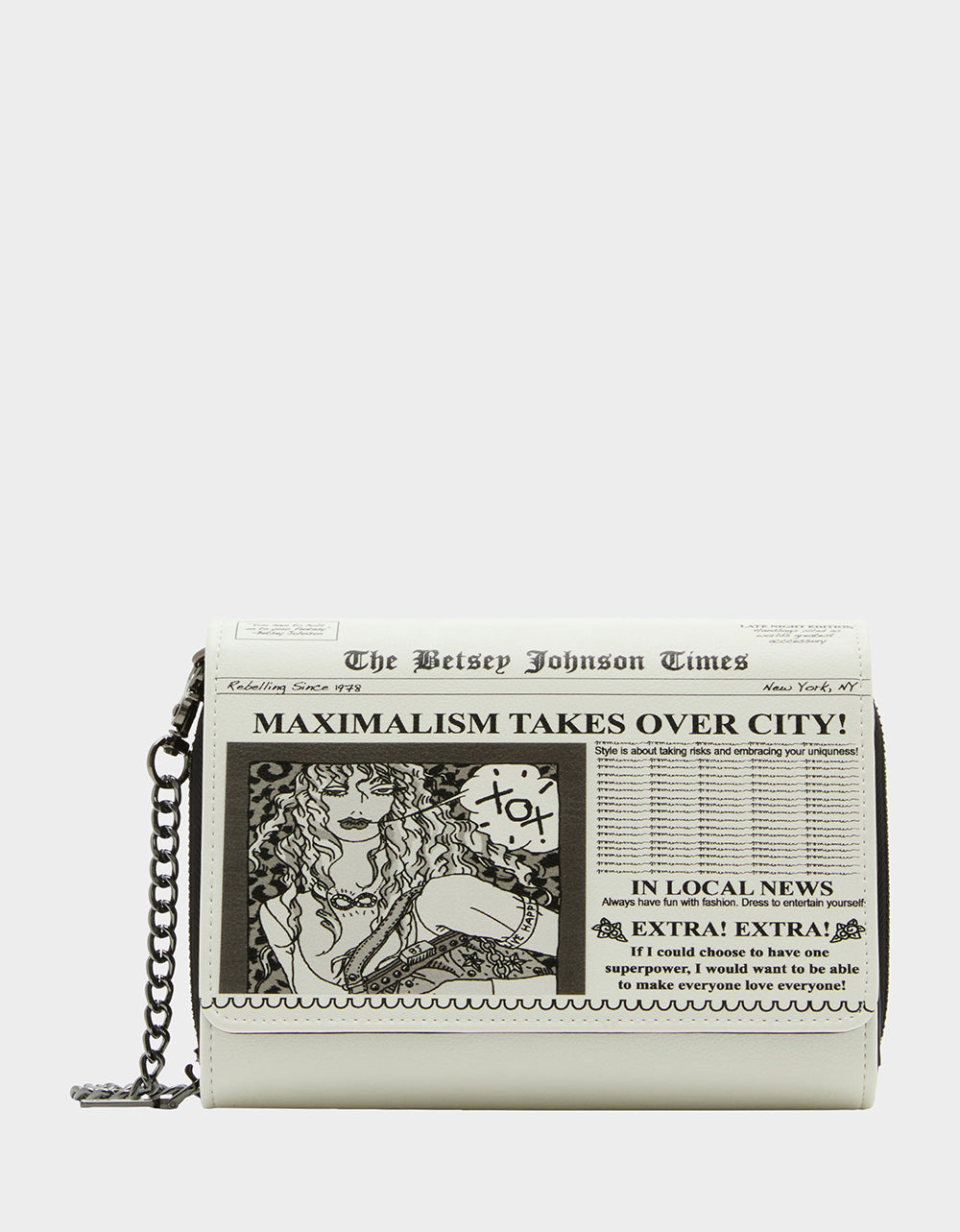 Betsey Johnson Newspaper Print Wallet on Chain with Heart Mirror