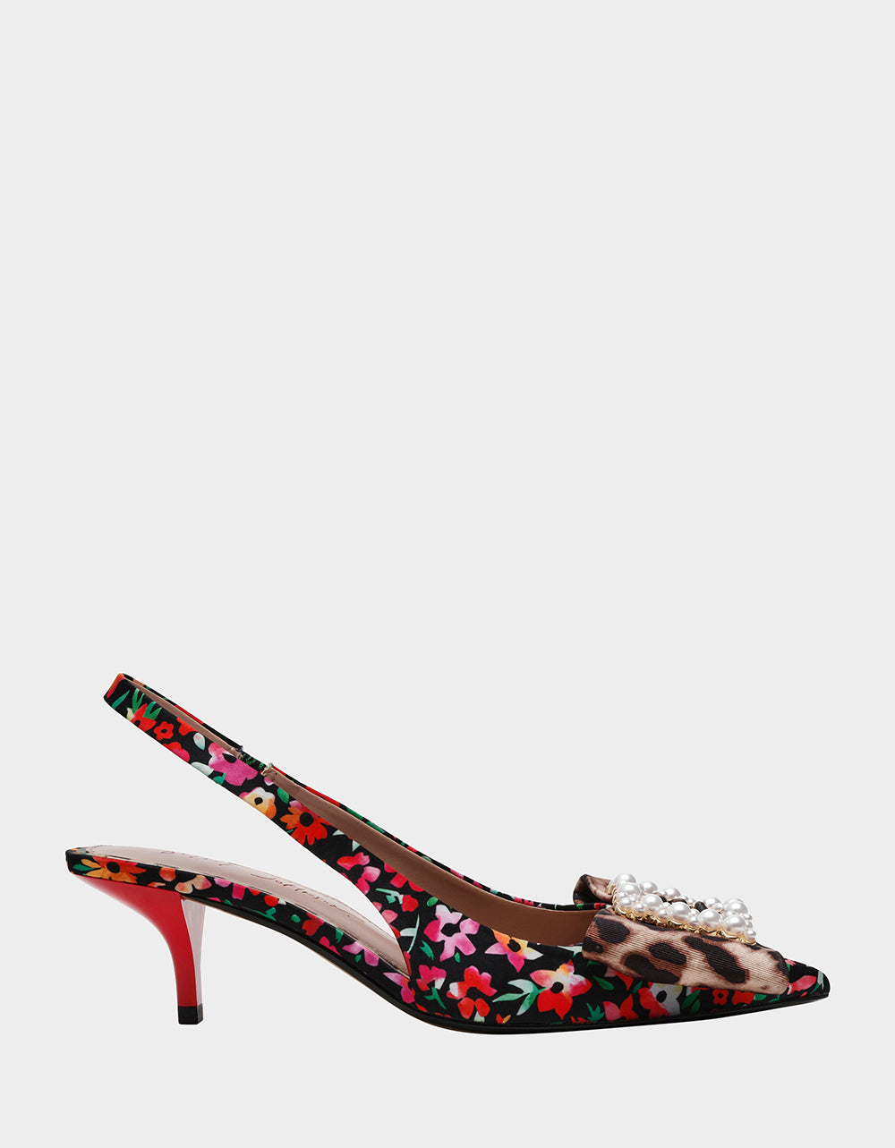 Betsey Johnson Black Floral Slingback Heels with Pearl Buckle