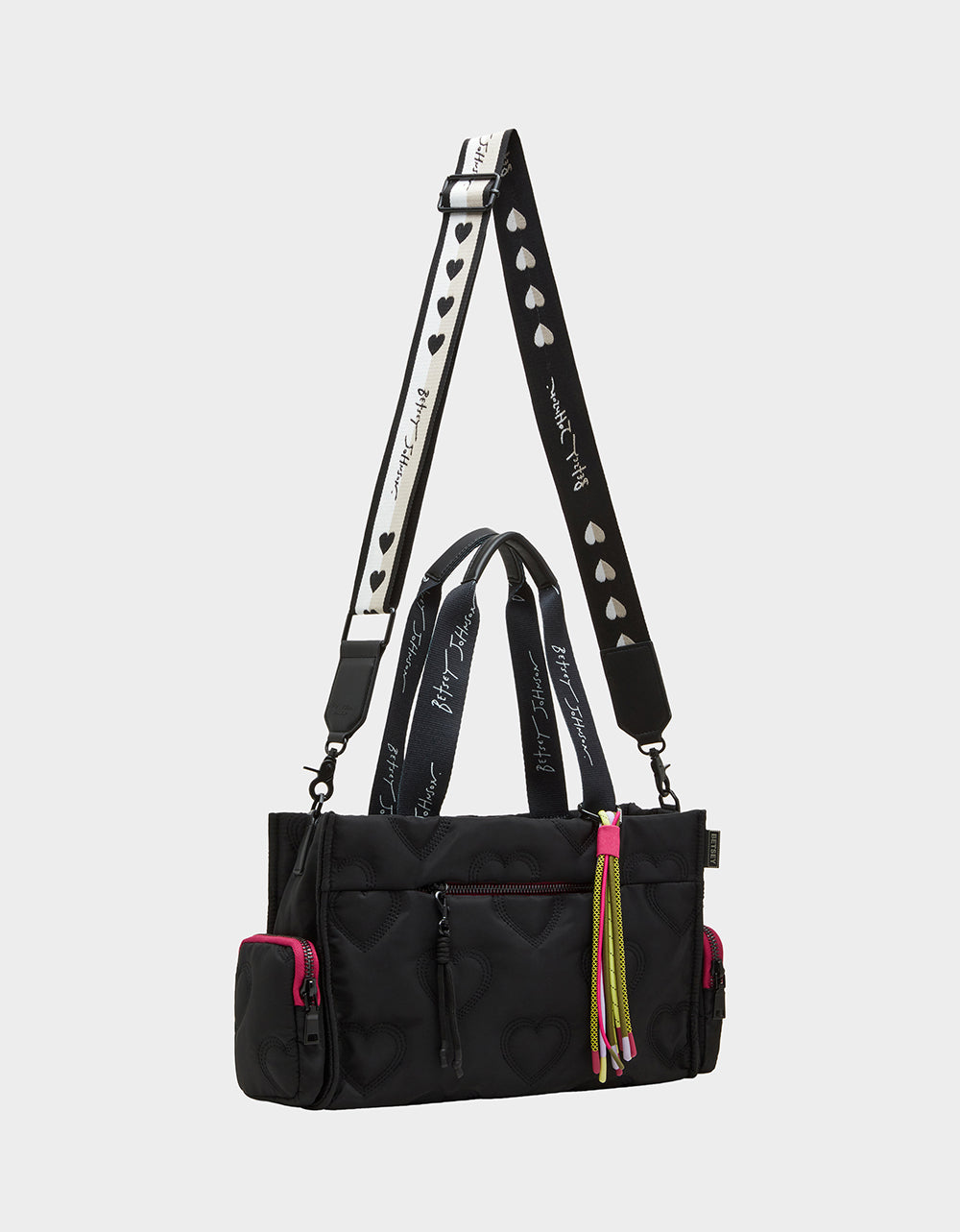 Betsey Johnson Black Quilted Heart Nylon Satchel Bag
