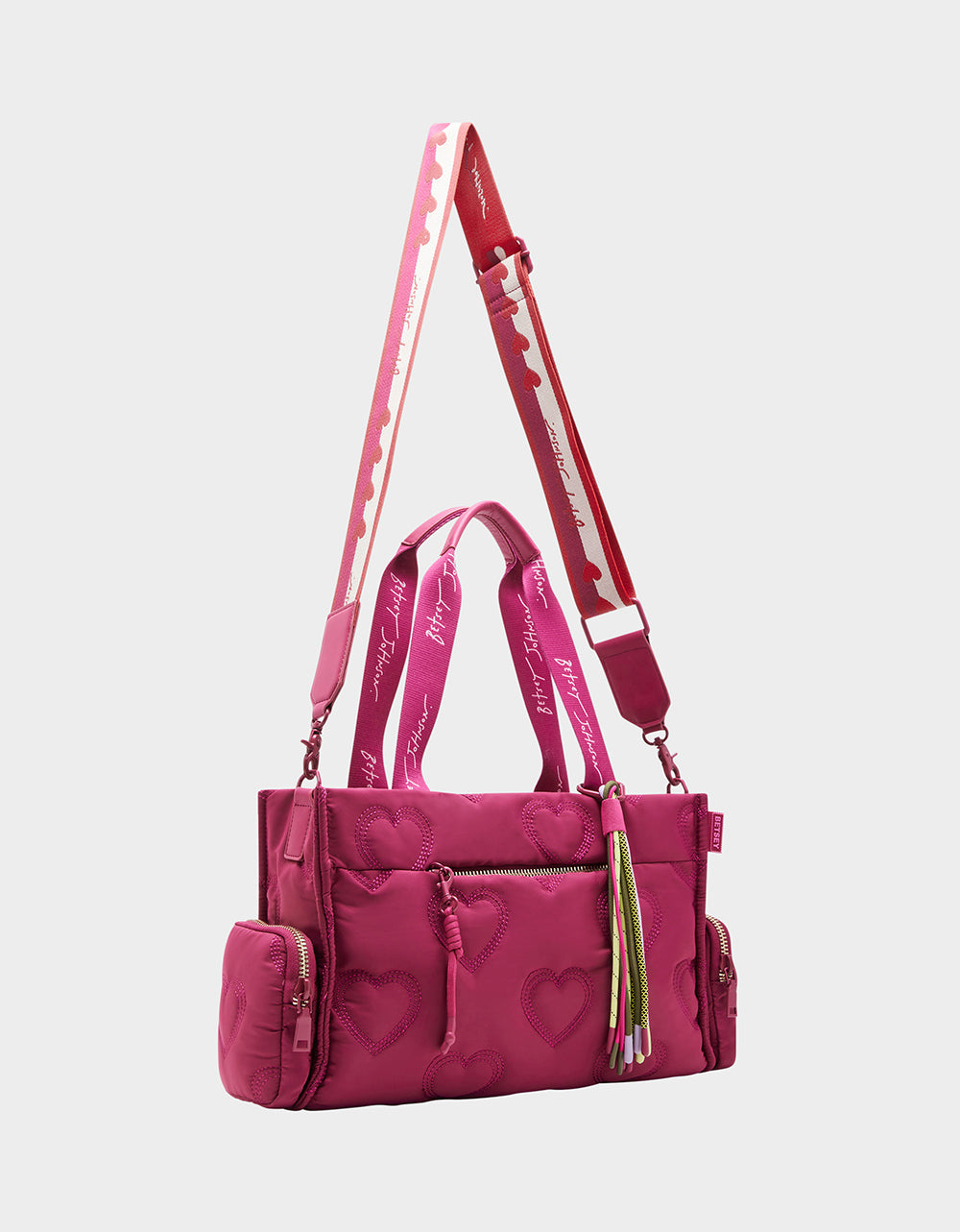 Pink Quilted Hearts Nylon Satchel Bag with Bungee Strap