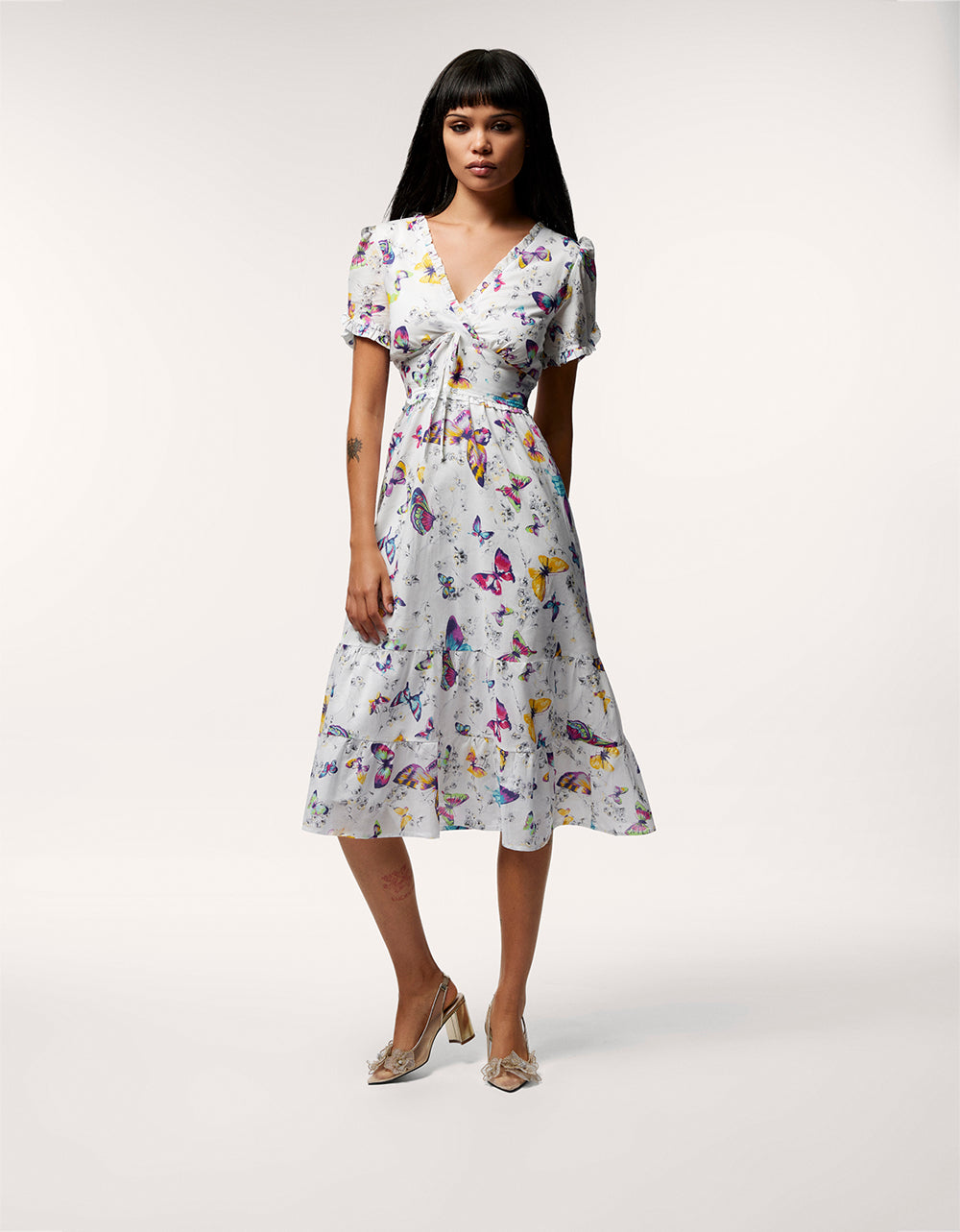 Butterfly Print White Cotton Midi Dress by RE:LUV