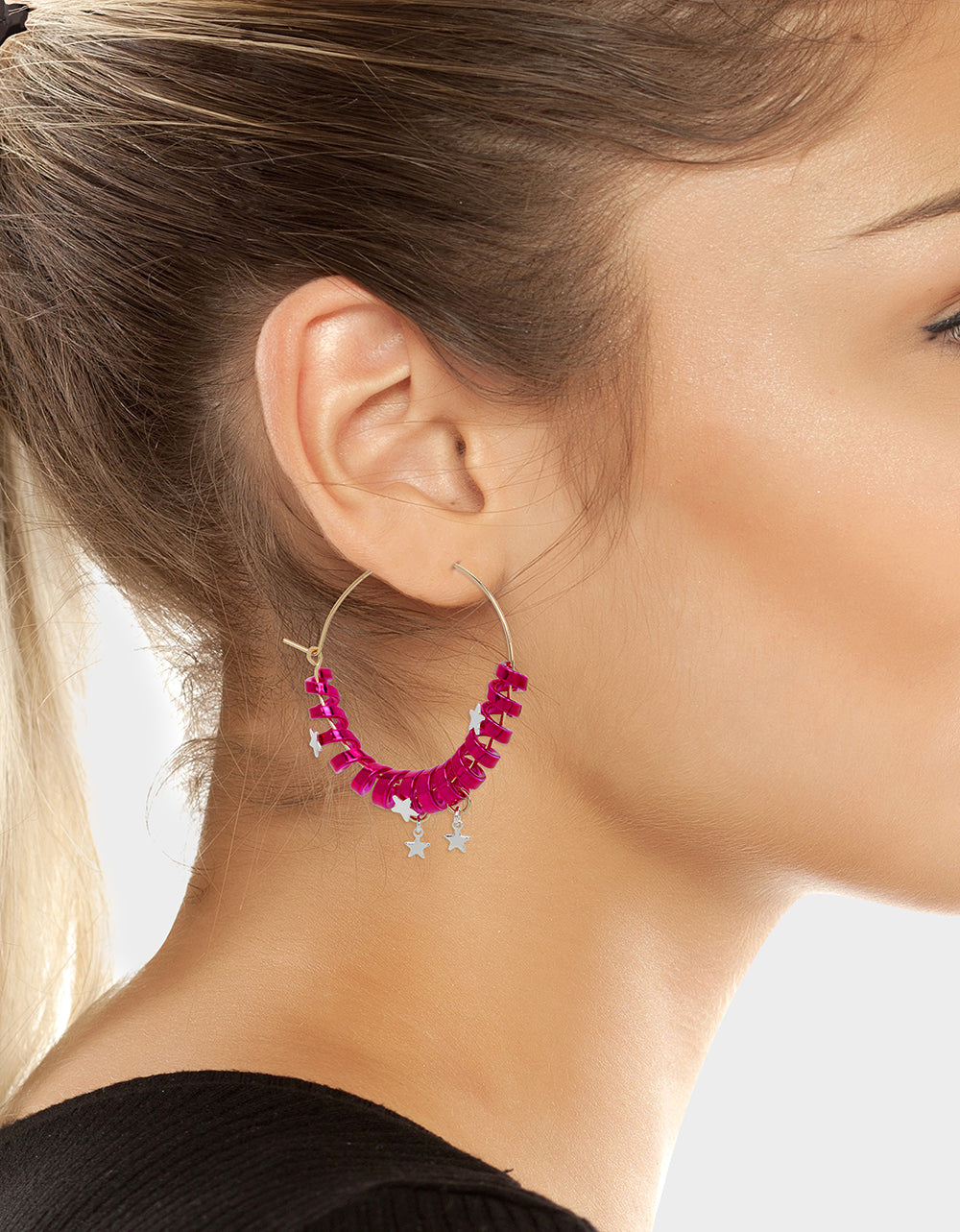 Betsey Johnson Pink Holiday Coil Hoop Earrings with Stars