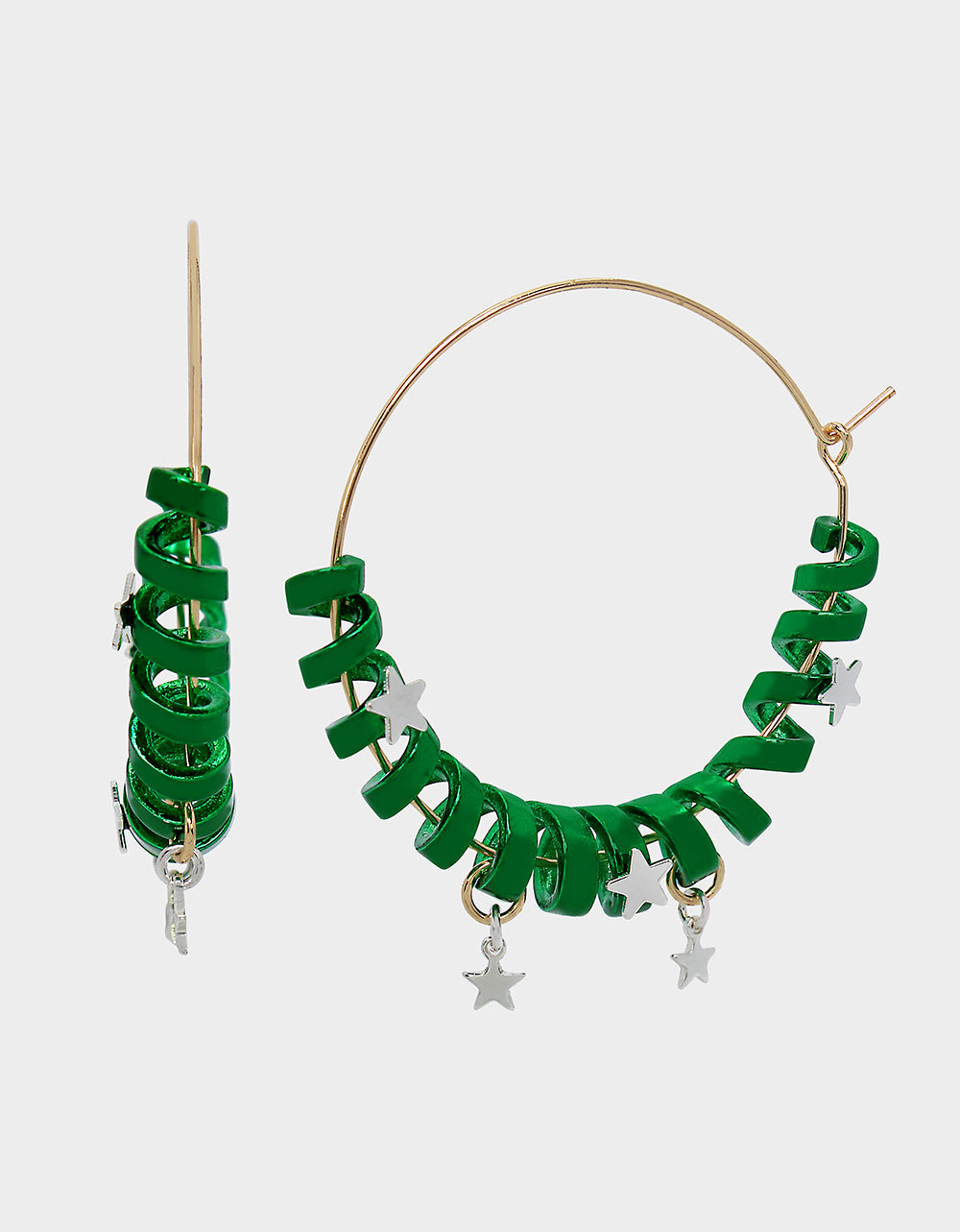 Betsey Johnson Green Holiday Coil Hoop Earrings with Stars