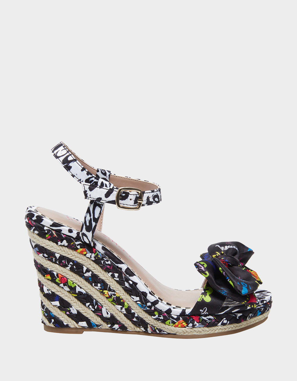RE:LUV Carie Black Multi Wedge Sandals with Ankle Strap & Bow