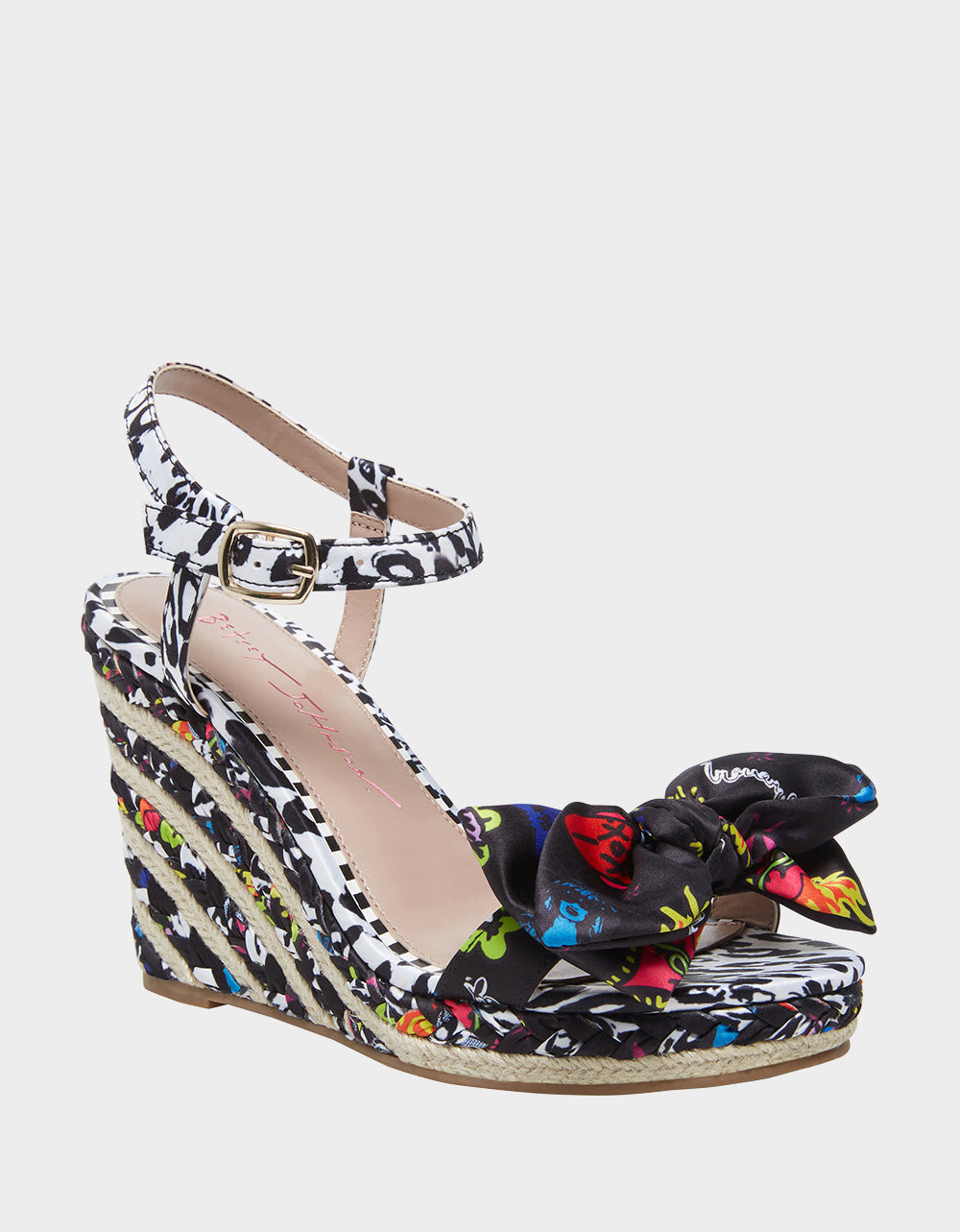 RE:LUV Carie Black Multi Wedge Sandals with Ankle Strap & Bow