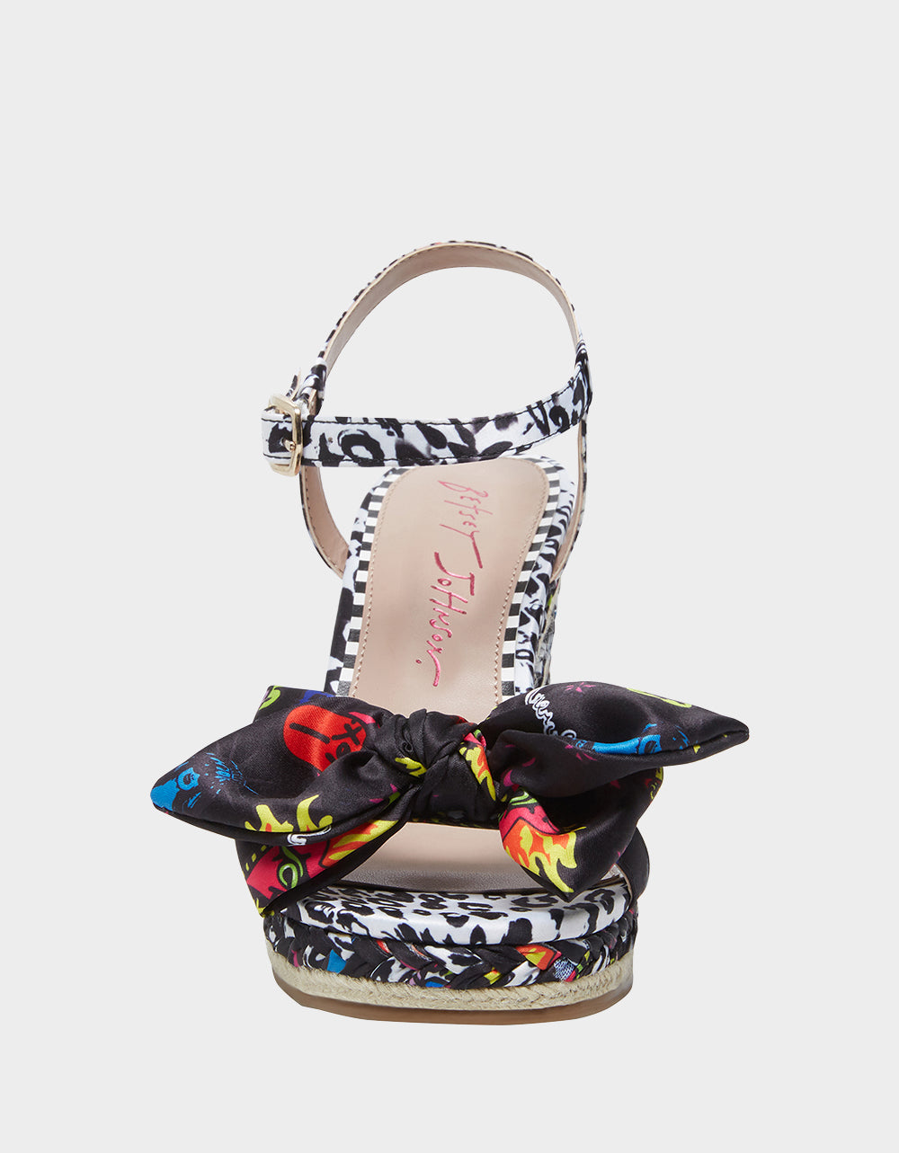 RE:LUV Carie Black Multi Wedge Sandals with Ankle Strap & Bow