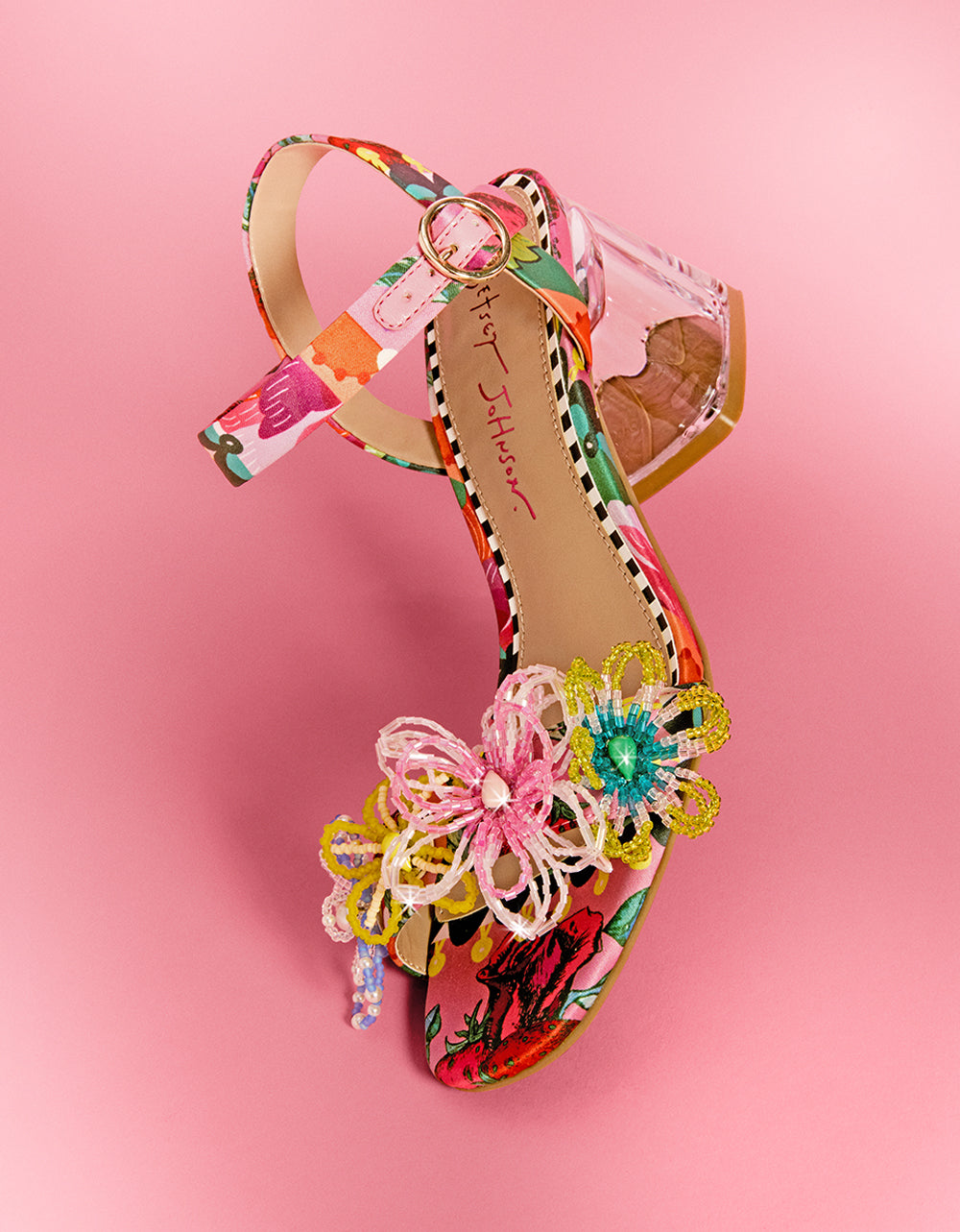 Betsey Johnson Cinthia Floral Beaded Sandals with Clear Heel