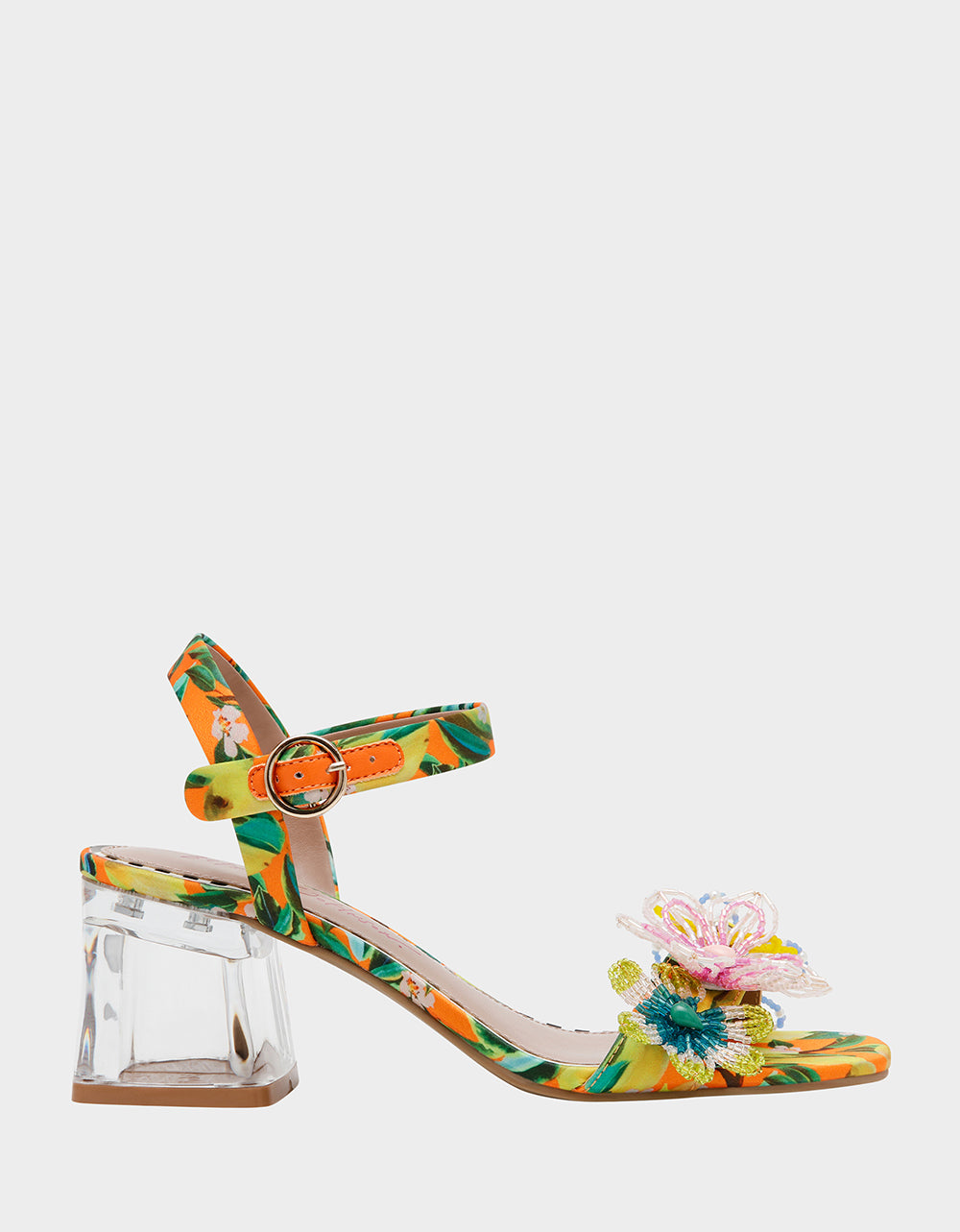 Betsey Johnson Cinthia Yellow Floral Sandals with Clear Block Heel