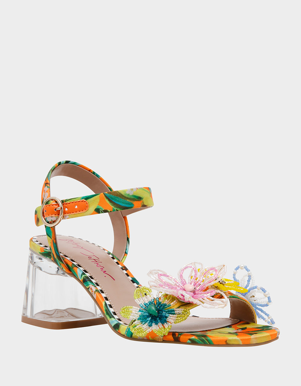 Betsey Johnson Cinthia Yellow Floral Sandals with Clear Block Heel