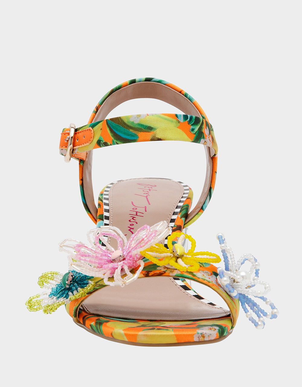 Betsey Johnson Cinthia Yellow Floral Sandals with Clear Block Heel