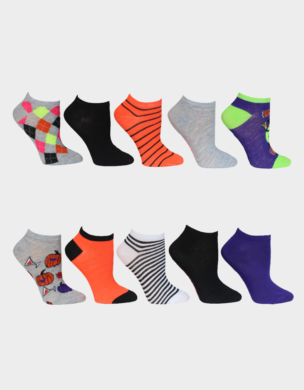 Halloween Witch Socks 10-Pack - Low Cut Purple & Orange Design