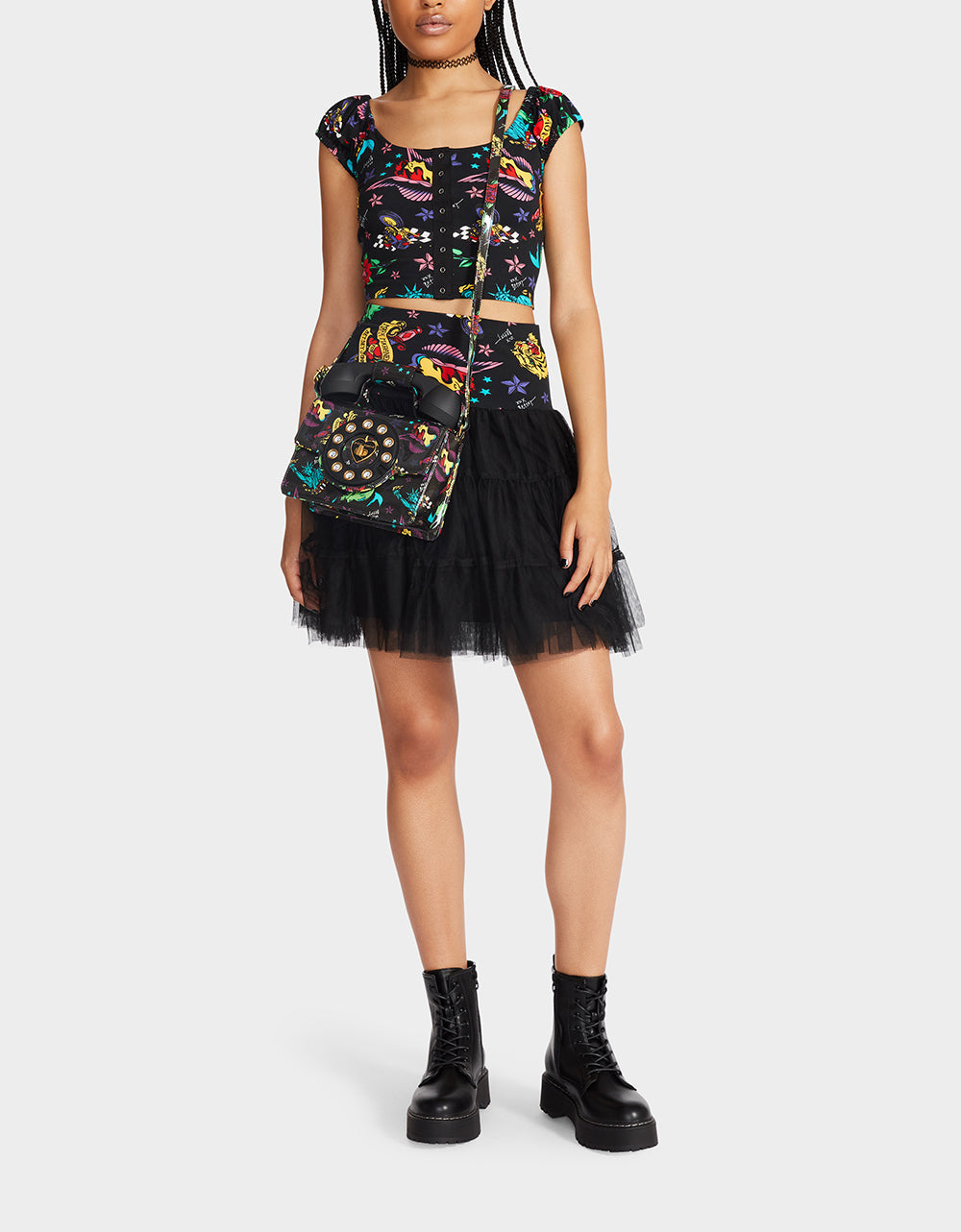 Betsey Johnson 80th Birthday Cropped Puff Sleeve Tattoo Print Top